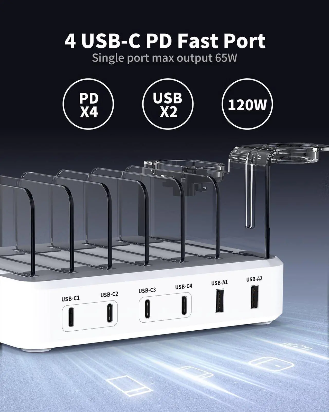 Alt view image 5 of 7 - 120W Charging Station for Multiple Devices - 6 Port Charger Station Designed for Apple iPhone iPad Tablets, 65W Max USB-C Fast Charger for Laptops (7 Cables & 2-in-1 Stand Included)