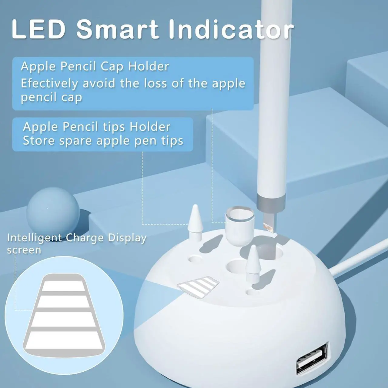 Alt view image 2 of 6 - Charging Stand Compatible with Apple Pencil 1st Generation - 3 in 1 iPad Pencil Charger Dock Holder with LED Light & Pencil Tips and Cap Holder - iPad Pen Charging Adapter with USB Port