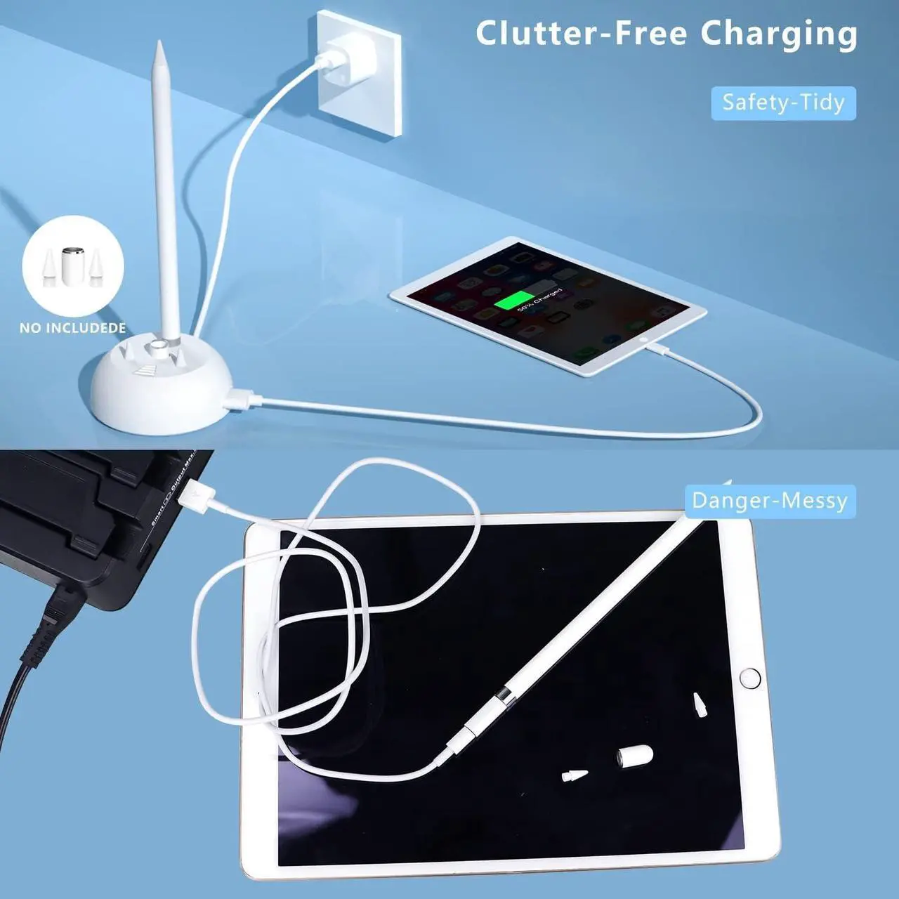 Alt view image 3 of 6 - Charging Stand Compatible with Apple Pencil 1st Generation - 3 in 1 iPad Pencil Charger Dock Holder with LED Light & Pencil Tips and Cap Holder - iPad Pen Charging Adapter with USB Port