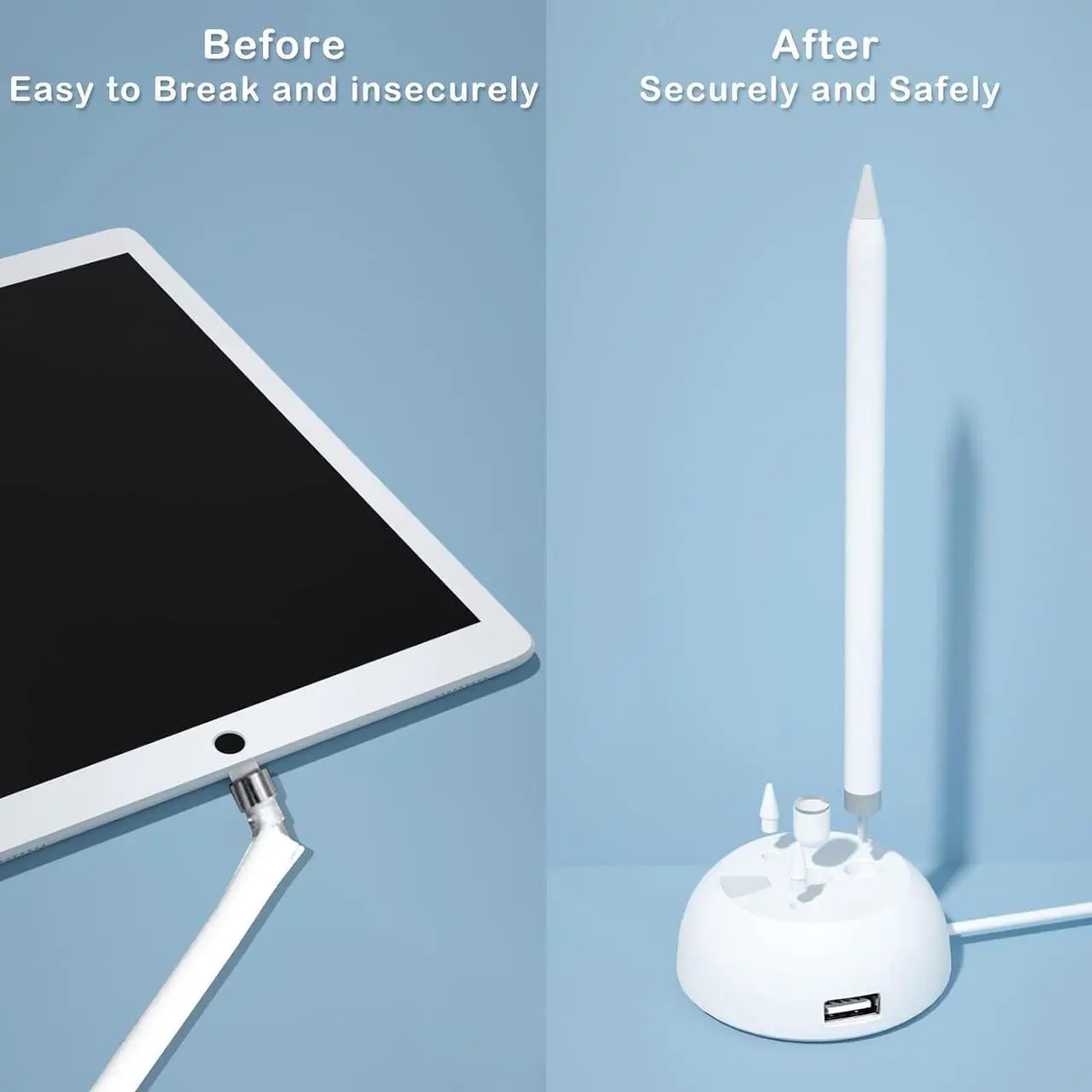 Alt view image 4 of 6 - Charging Stand Compatible with Apple Pencil 1st Generation - 3 in 1 iPad Pencil Charger Dock Holder with LED Light & Pencil Tips and Cap Holder - iPad Pen Charging Adapter with USB Port
