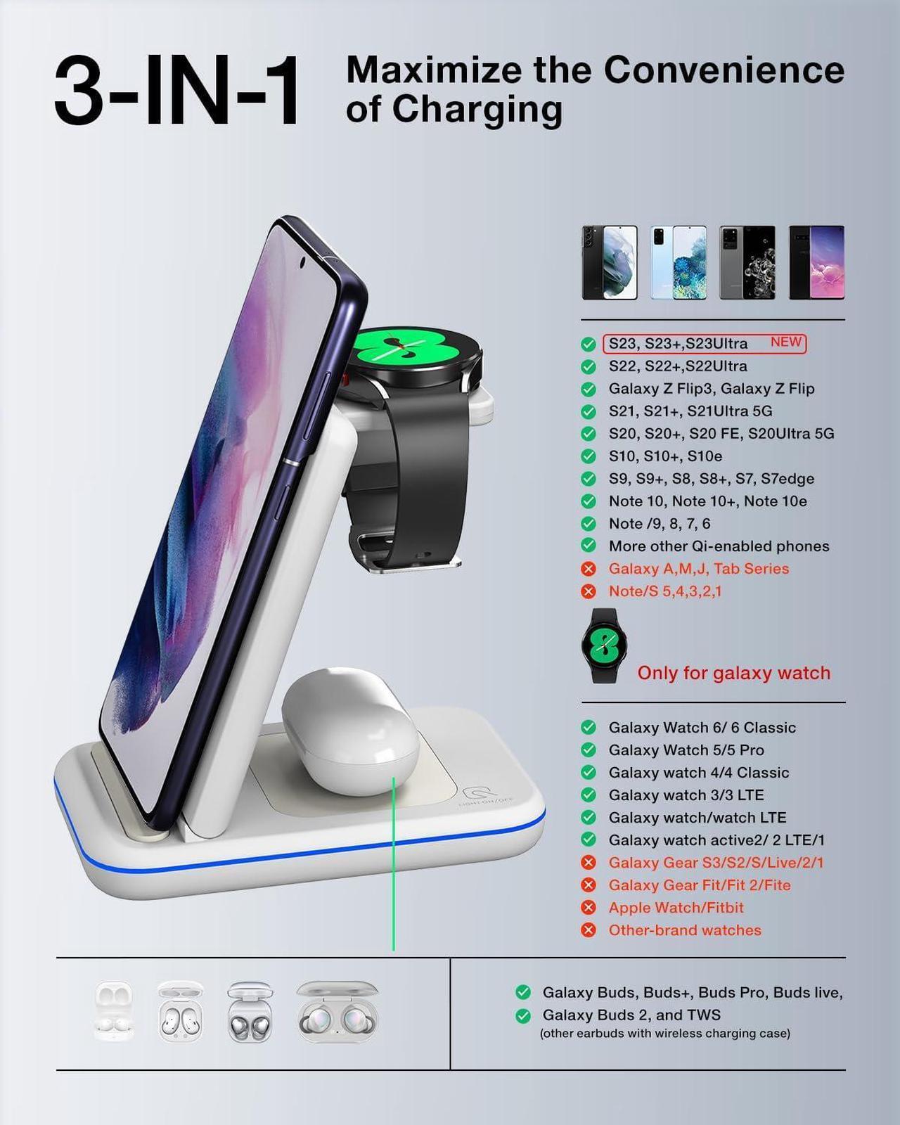 Alt view image 2 of 7 - Wireless Charging Station for Samsung Galaxy Phone/Watch/Buds, 3 in 1 Foldable Charging Stand for Samsung S24 S23/S22/S21/S20/Note20/10/Galaxy Watch6/5/4/3/Classic/Active Buds+/Live with 18W Adapter