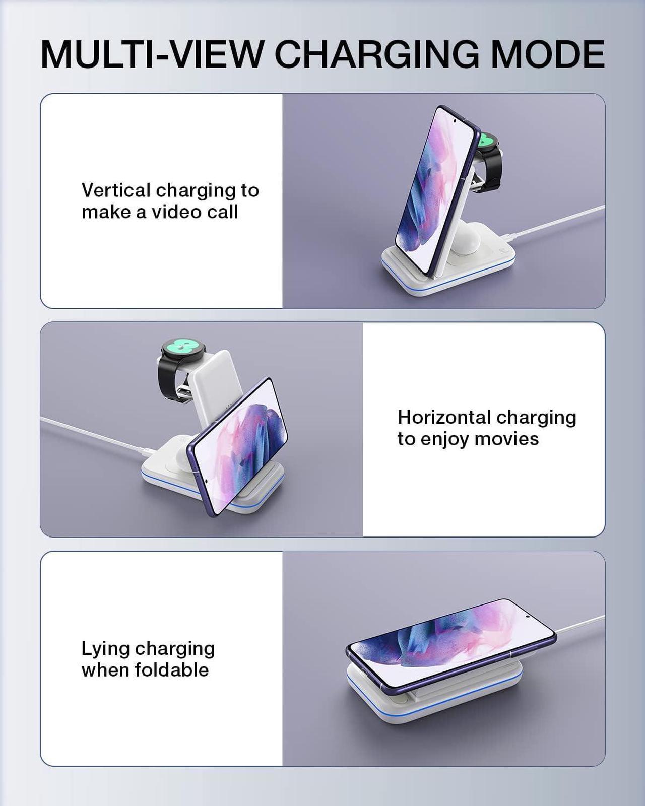 Alt view image 6 of 7 - Wireless Charging Station for Samsung Galaxy Phone/Watch/Buds, 3 in 1 Foldable Charging Stand for Samsung S24 S23/S22/S21/S20/Note20/10/Galaxy Watch6/5/4/3/Classic/Active Buds+/Live with 18W Adapter