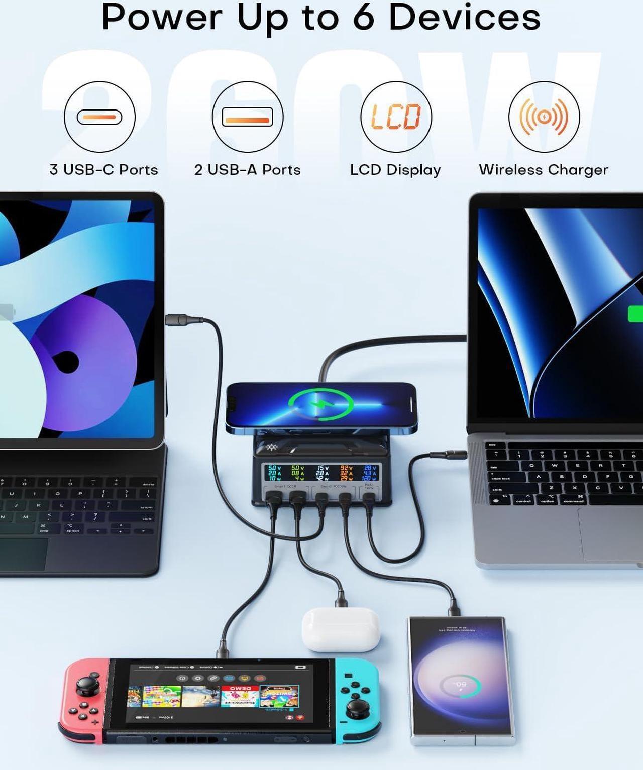 Alt view image 3 of 7 - USB Charging Station,ASOMETECH 260W 5Ports Fast USB C Charging Station,140W PD3.1 USB C GaN Charger with LCD Display,Wireless Charger,Desktop USB Charging Hub for MacBook Pro/Air,iPad,iPhone,
