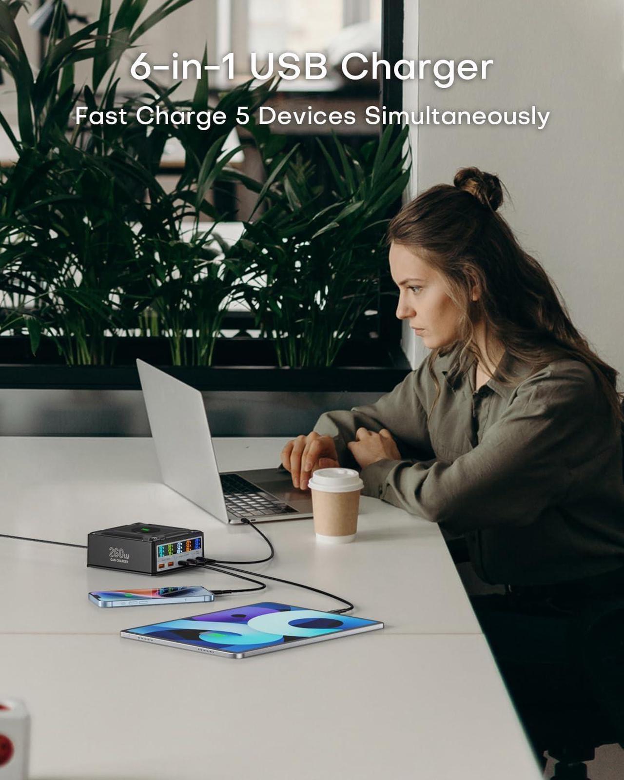 Alt view image 7 of 7 - USB Charging Station,ASOMETECH 260W 5Ports Fast USB C Charging Station,140W PD3.1 USB C GaN Charger with LCD Display,Wireless Charger,Desktop USB Charging Hub for MacBook Pro/Air,iPad,iPhone,