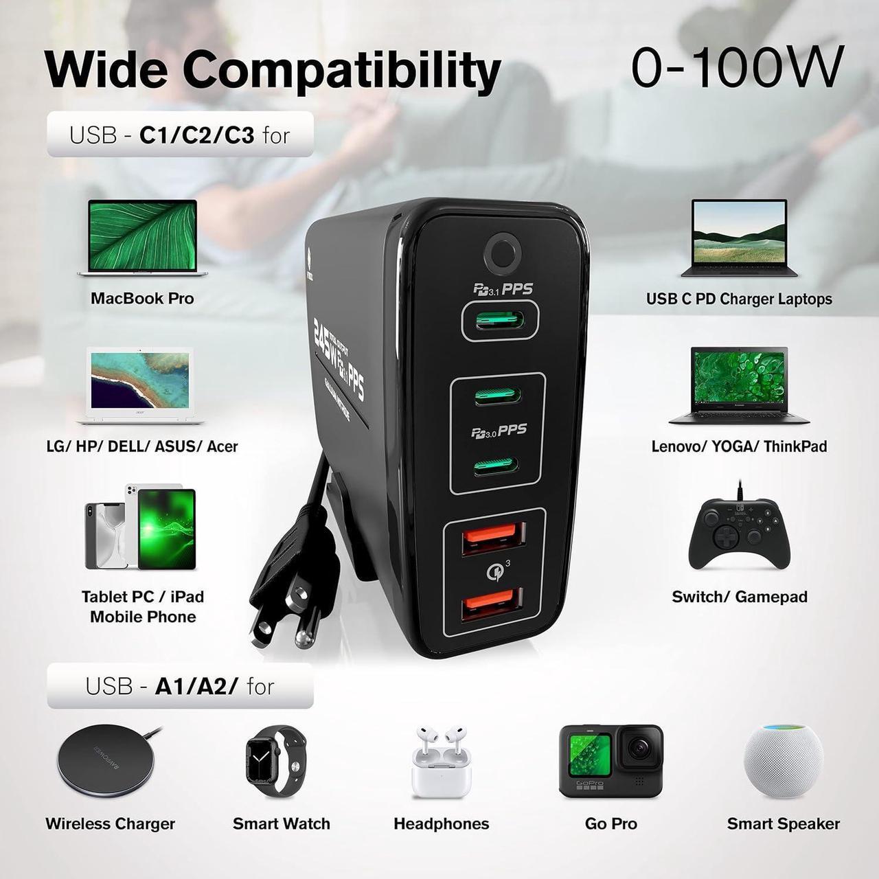 Alt view image 3 of 7 - 245W USB C Charger A2215 - USB C Charger Block - Desktop 5-Port GaN Charger 3 USB-C 2 USB-A - Powered USB Hub - Multiple Devices Support PD3.1/PPS/QC4+/QC3.0 for Phones Laptops