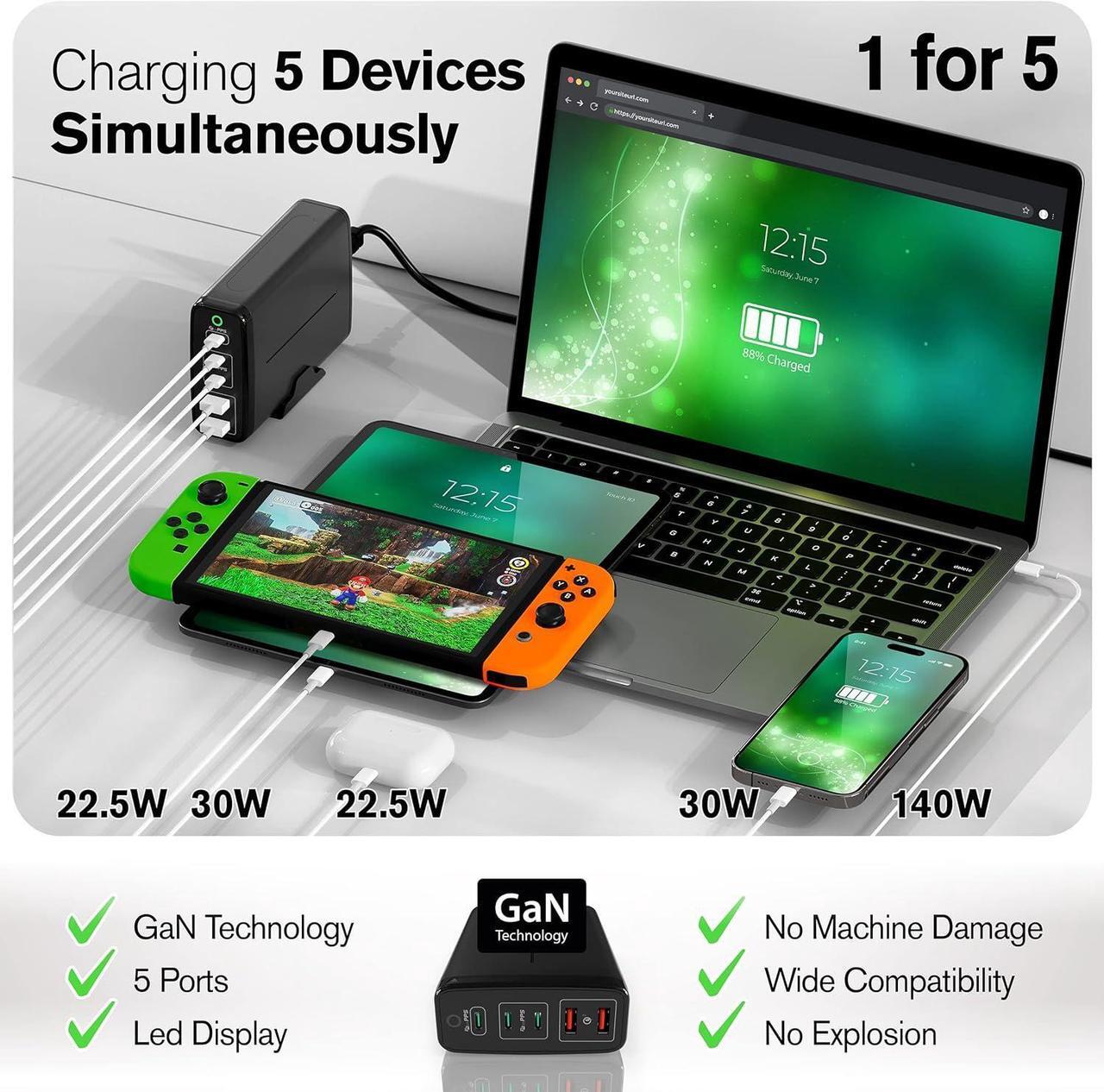 Alt view image 4 of 7 - 245W USB C Charger A2215 - USB C Charger Block - Desktop 5-Port GaN Charger 3 USB-C 2 USB-A - Powered USB Hub - Multiple Devices Support PD3.1/PPS/QC4+/QC3.0 for Phones Laptops