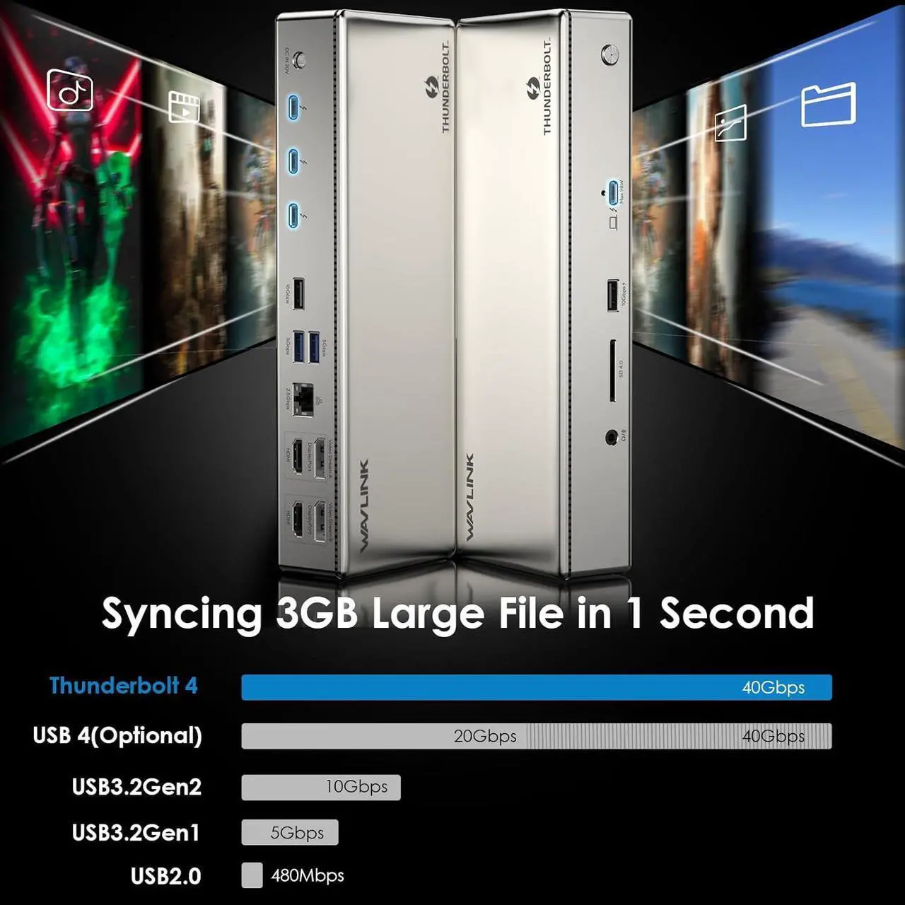 Alt view image 3 of 7 - WAVLINK Thunderbolt 4 Dock with 100W Charging, Displaylink Docking Station Quad 4K@60Hz Monitors,3 Thunderbolt 4 Ports, 2.5G Ethernet, USB C Docking Station for Mac and PC,Displaylink Driver Required