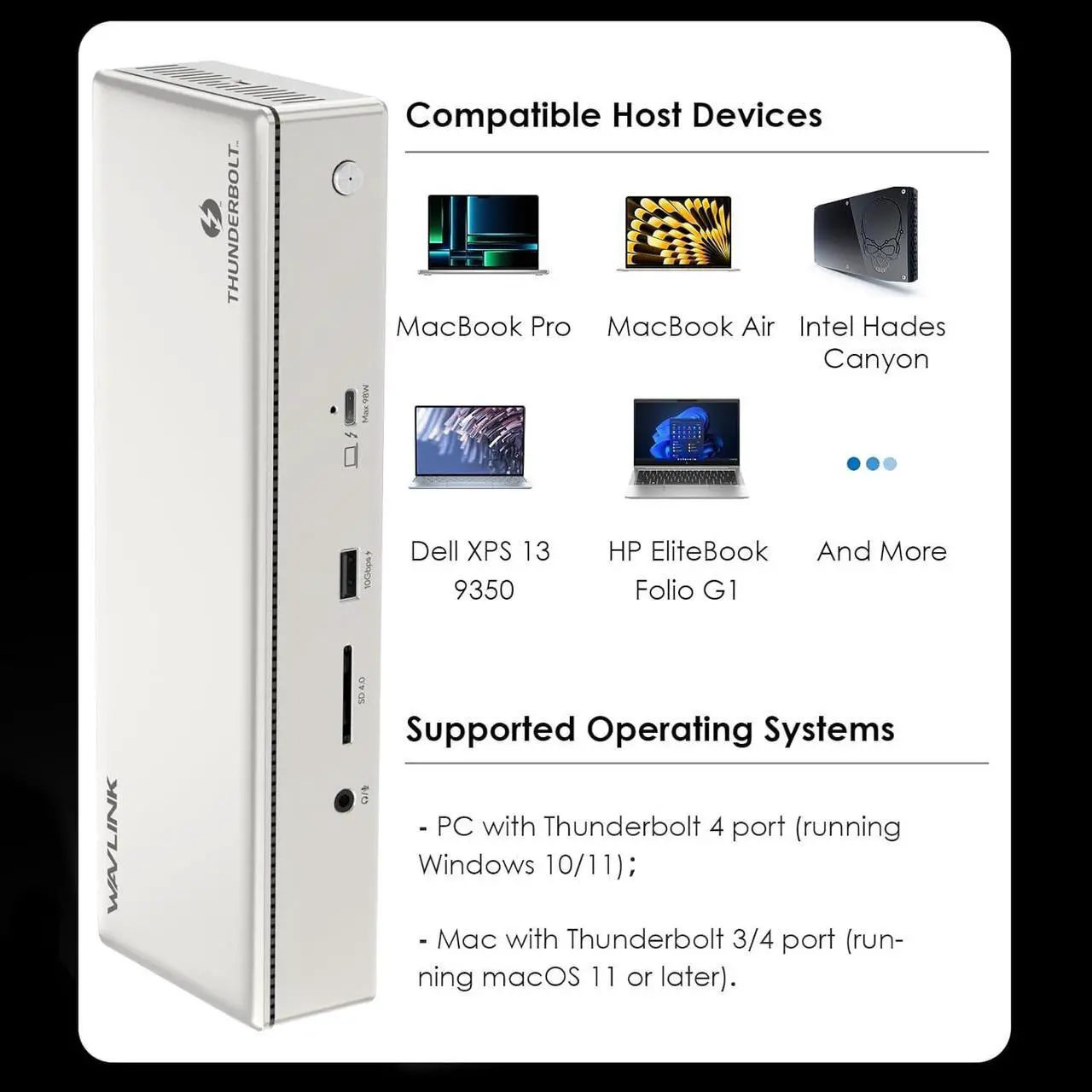 Alt view image 7 of 7 - WAVLINK Thunderbolt 4 Dock with 100W Charging, Displaylink Docking Station Quad 4K@60Hz Monitors,3 Thunderbolt 4 Ports, 2.5G Ethernet, USB C Docking Station for Mac and PC,Displaylink Driver Required