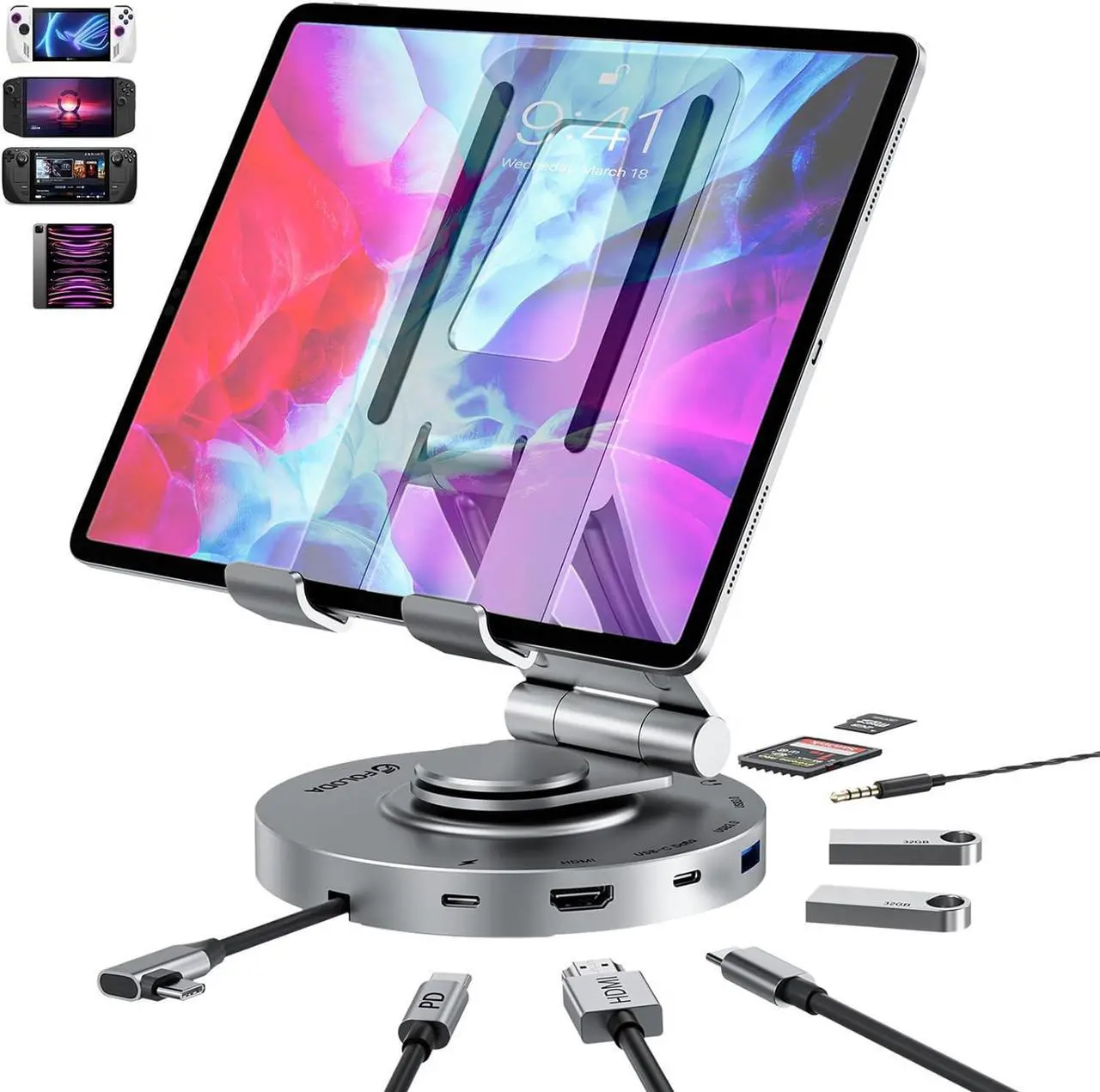 Main image of USB C Hub for Ipad Pro Docking Station, FOLODA 8-in-1 Rotatable Folding Type-C Tablet Stand with 4k HDMI, USB C 3.0 Data Port, 2*USB A 3.0, 100W PD Charging, 3.5mm Aux for Ipad Pro/Phone 15/Galaxy Tab