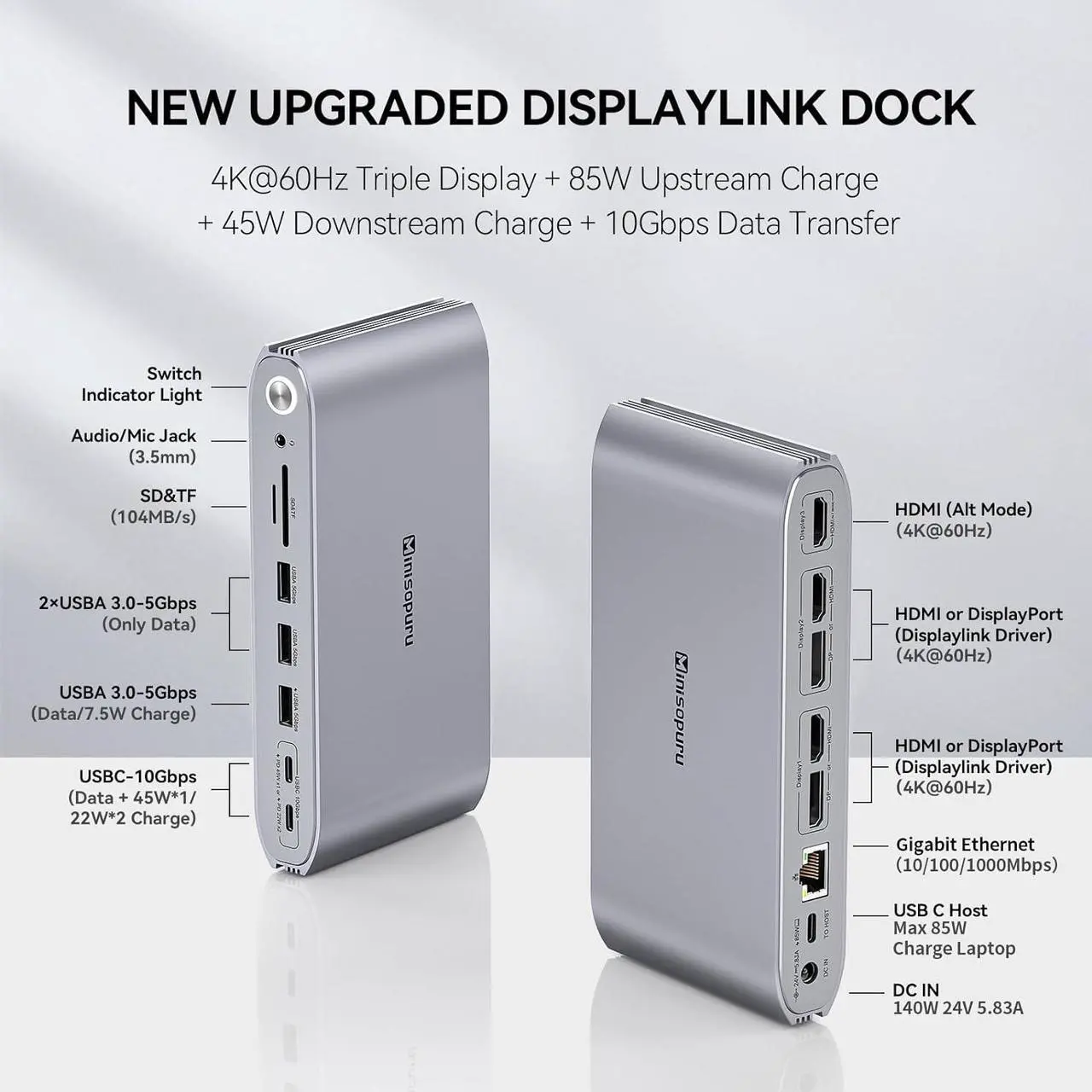 Alt view image 2 of 7 - Minisopuru Upgrade DisplayLink Docking Station Triple Monitor with 140W Power Adapter,45W Charging,USB C Docking Station for MacBook M3/M2/M1/Windows/Thunderbolt 4 (3XHDMI,2X DisplayPort,5X USB,TF/SD)