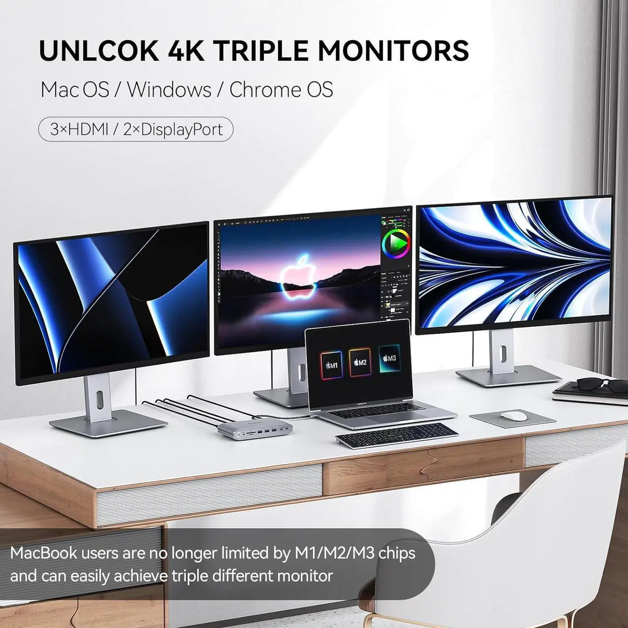 Alt view image 3 of 7 - Minisopuru Upgrade DisplayLink Docking Station Triple Monitor with 140W Power Adapter,45W Charging,USB C Docking Station for MacBook M3/M2/M1/Windows/Thunderbolt 4 (3XHDMI,2X DisplayPort,5X USB,TF/SD)