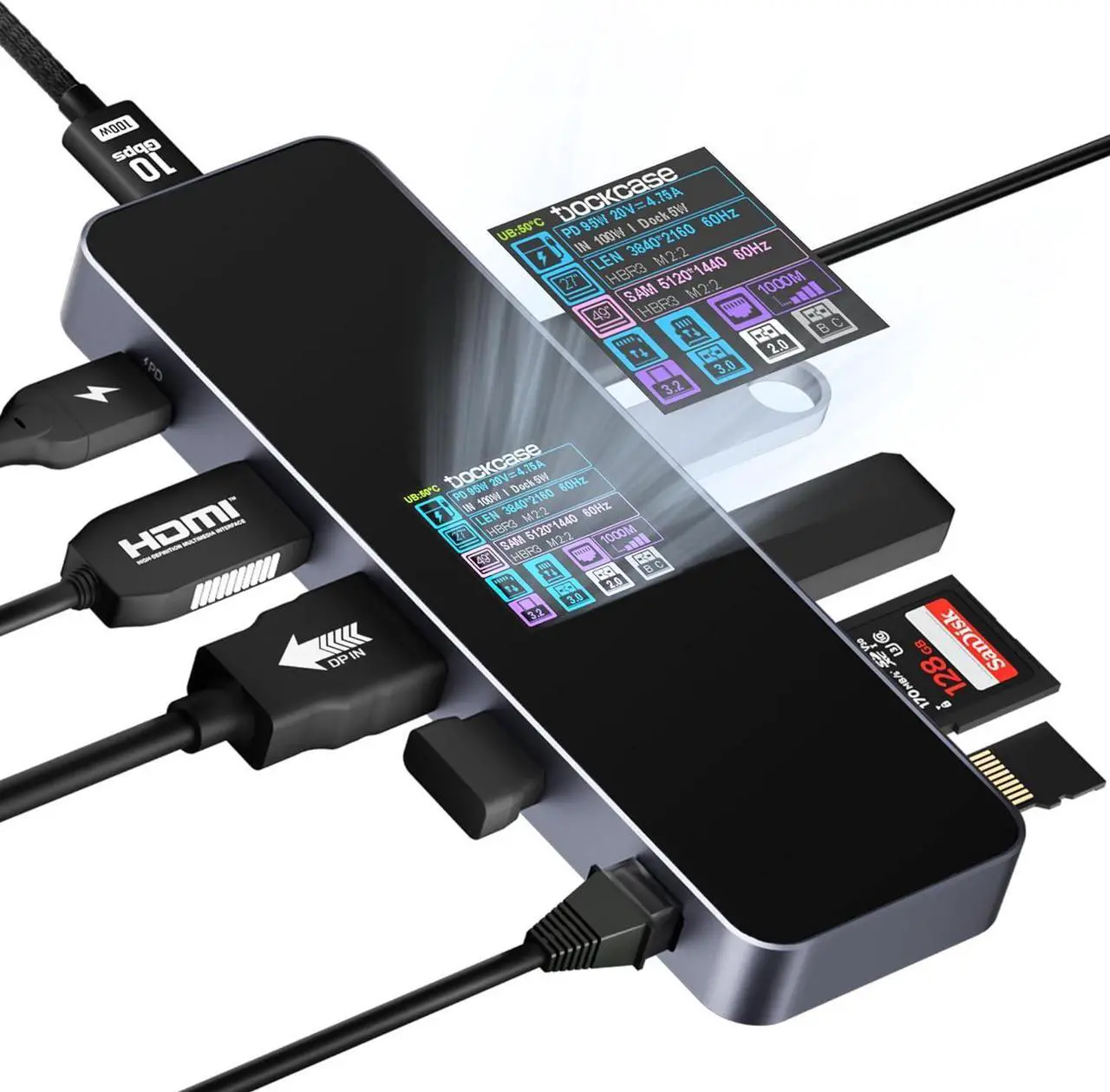 Main image of DOCKCASE Visual Smart USB C Hub (10-in-1) with 4K@60Hz HDMI and DP, Gigabit Ethernet, 1 USB-C and 3 USB-A Ports, 100w PD Power Delivery, UHS-II TF/SD Card Slot for MacBook Air/Pro, XPS, and More