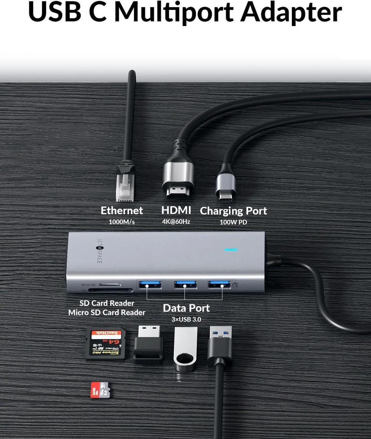 Alt view image 2 of 7 - USB C HUB Multiport Adapter, SETMSPACE USB Type C HUB with Ethernet, 4K@60Hz HDMI, USB 3.0 Port, TF SD Card Reader and 100W PD, USB C Dongle for Laptop Tablet and Phone