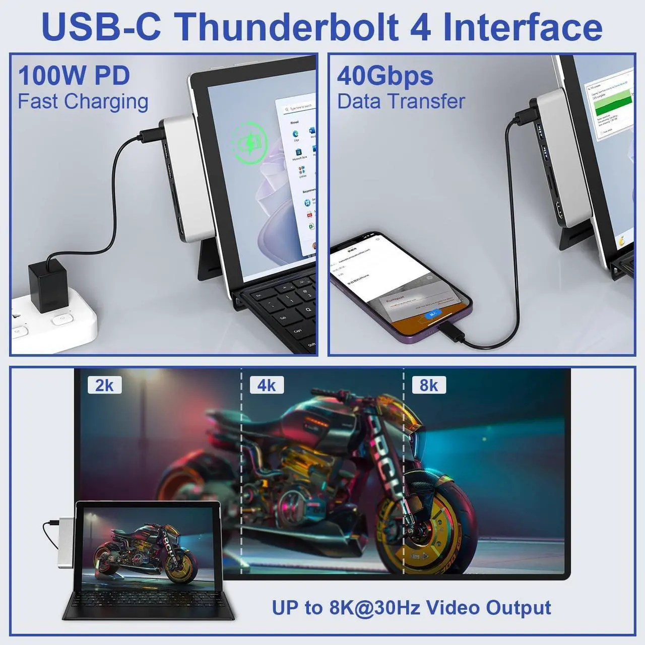 Alt view image 4 of 7 - Surface USB Hub Docking Station - 4K HDMI, USB-C Thunderbolt 4 (8K Video+Data+100W PD), USB 3.0 x2, SD TF Card Slot, for Surface Pro 11/10/9/X