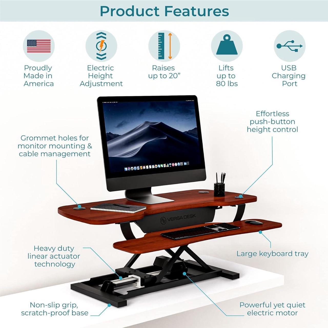 Alt view image 4 of 5 - VERSADESK 36 Inch Standing Desk Converter, PowerPro Electric Height Adjustable Desk Riser for Standing or Sitting, with Keyboard Tray, Built-in USB Charging Port, Holds 80 lbs, Cherry