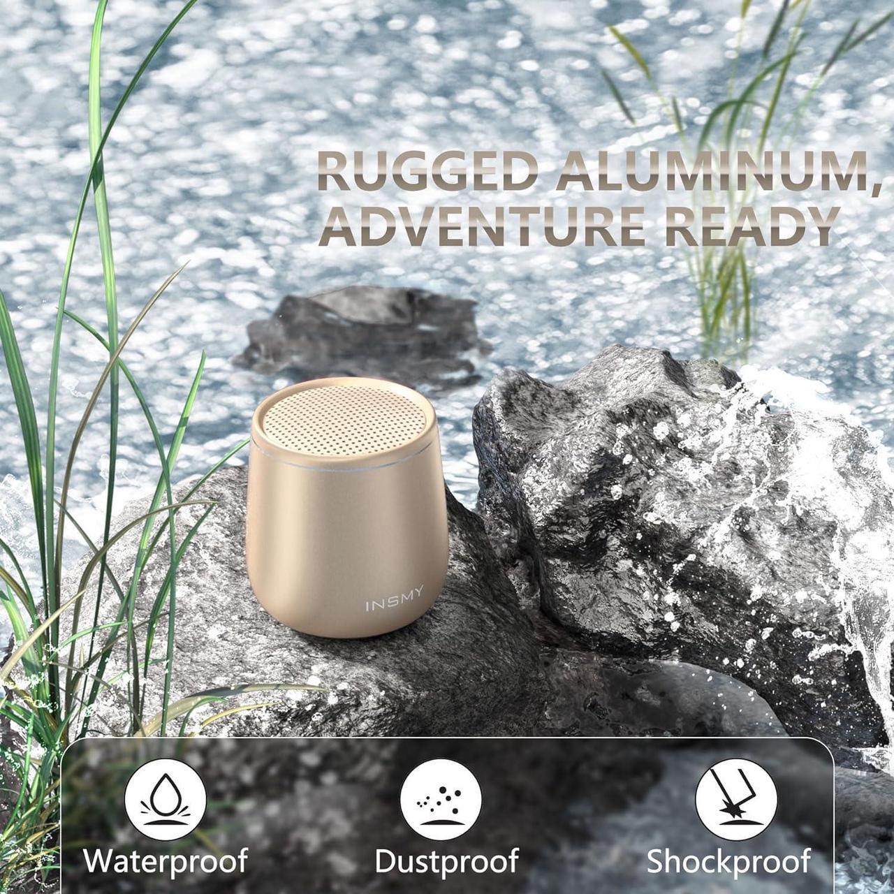 Alt view image 3 of 7 - INSMY Small Bluetooth Speaker, Waterproof Mini Portable Wireless Speaker, Punchy Bass Rich Audio Stereo Pairing, Handheld Pocket Size,Built in Mic for Hiking Biking Gift Laptop Tablet (Gold)
