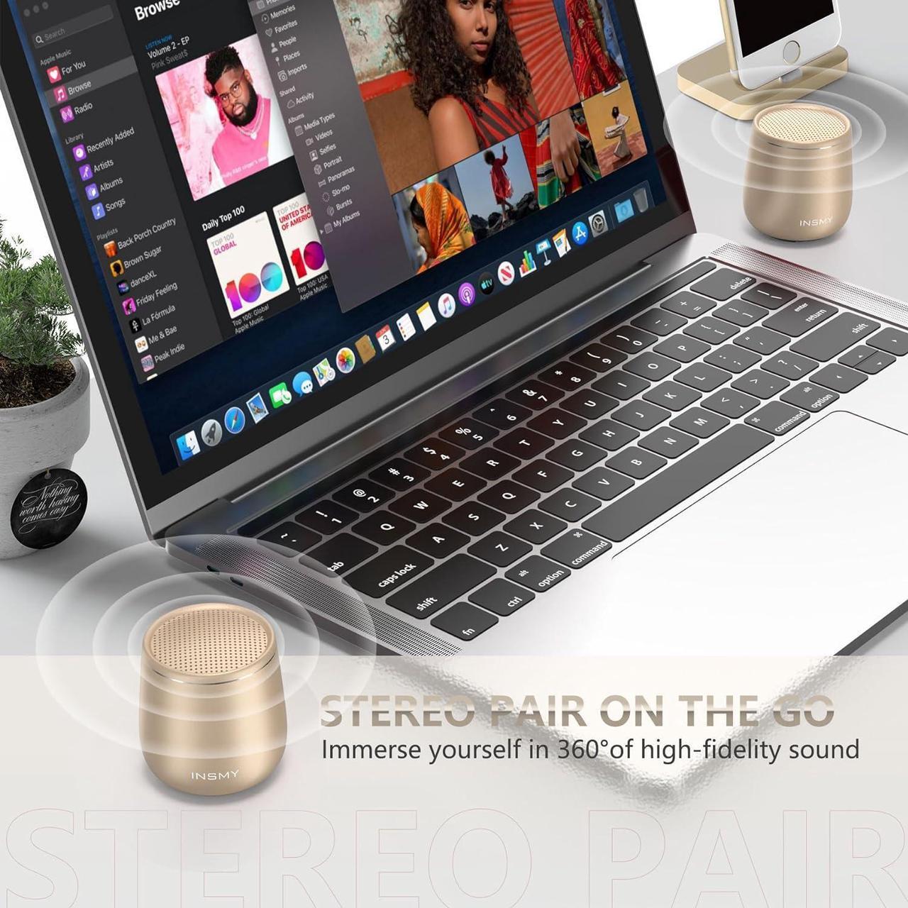 Alt view image 6 of 7 - INSMY Small Bluetooth Speaker, Waterproof Mini Portable Wireless Speaker, Punchy Bass Rich Audio Stereo Pairing, Handheld Pocket Size,Built in Mic for Hiking Biking Gift Laptop Tablet (Gold)