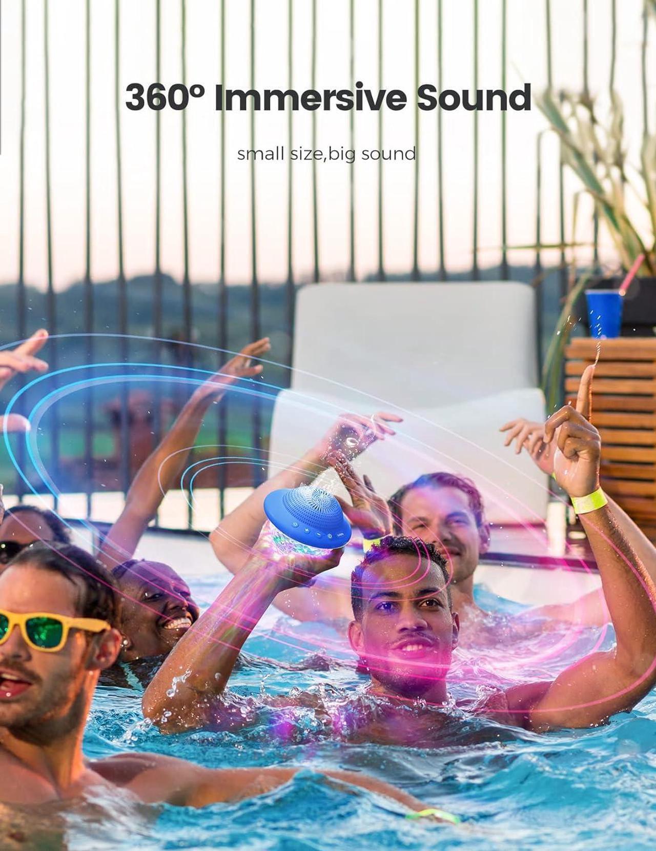 Alt view image 2 of 7 - Floating Pool Speaker with Colorful LED Lights, IPX7 Waterproof Hot Tub Bluetooth Speakers, 10W Stereo Loud Sound, Built-in Mic,Bluetooth 5.3 Portable Wireless Speaker for Shower Bathtub Outdoor Swim
