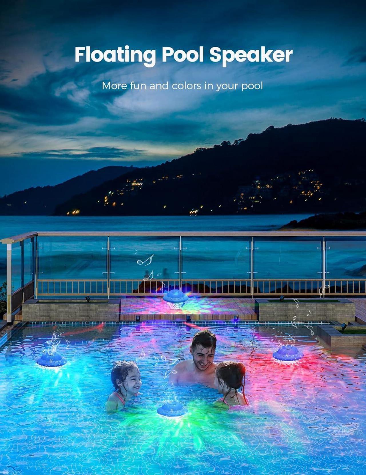 Alt view image 3 of 7 - Floating Pool Speaker with Colorful LED Lights, IPX7 Waterproof Hot Tub Bluetooth Speakers, 10W Stereo Loud Sound, Built-in Mic,Bluetooth 5.3 Portable Wireless Speaker for Shower Bathtub Outdoor Swim