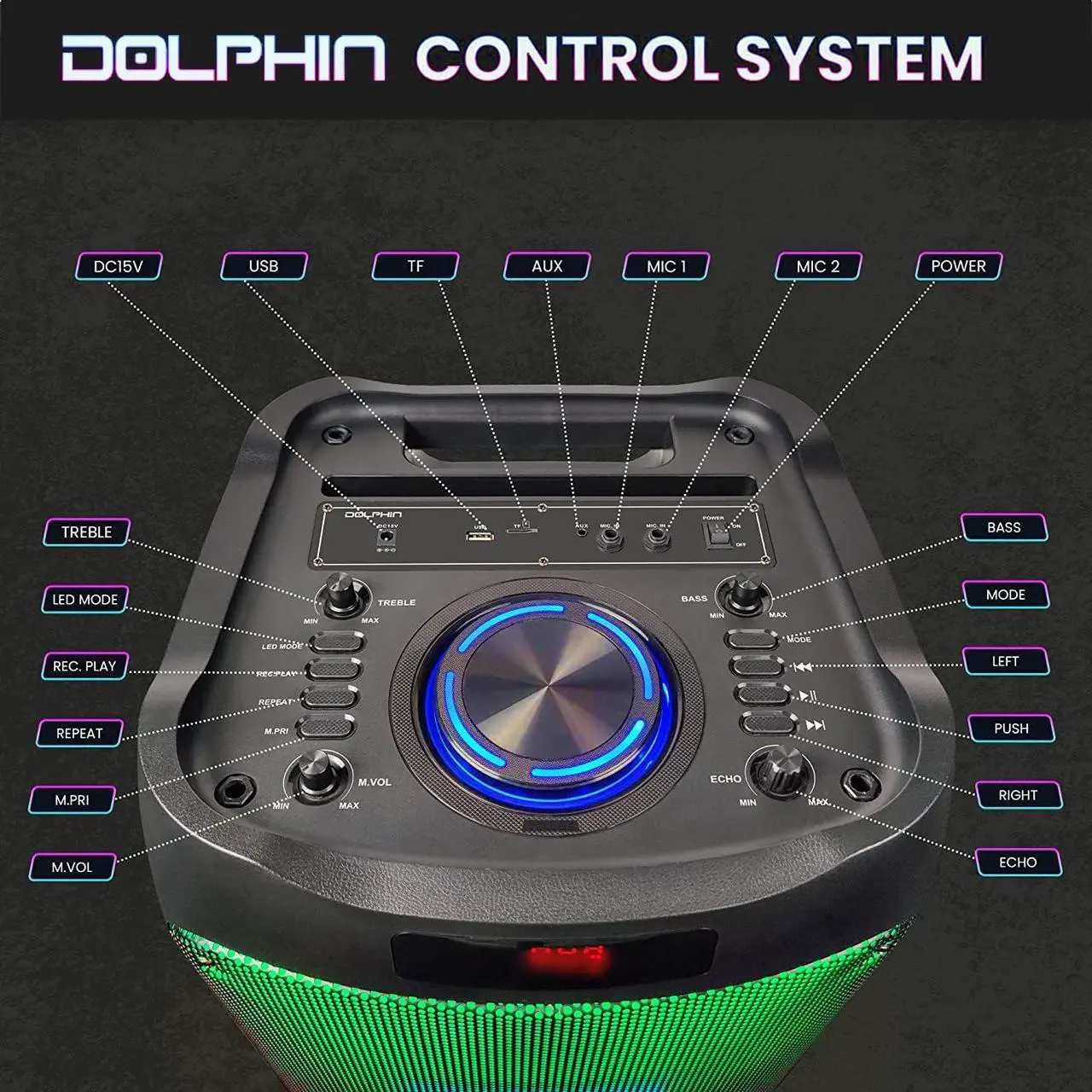 Alt view image 2 of 7 - Dolphin SPF-1212R Powerful Sound & BASS | Portable Rechargeable Big Party Speaker | Dual 12", 3X 1 Tweeters | LED Party Lights, Handles and Wheels
