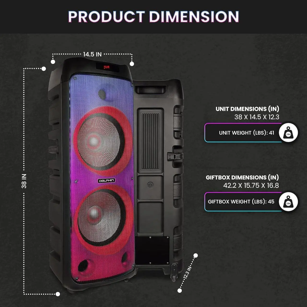 Alt view image 5 of 7 - Dolphin SPF-1212R Powerful Sound & BASS | Portable Rechargeable Big Party Speaker | Dual 12", 3X 1 Tweeters | LED Party Lights, Handles and Wheels