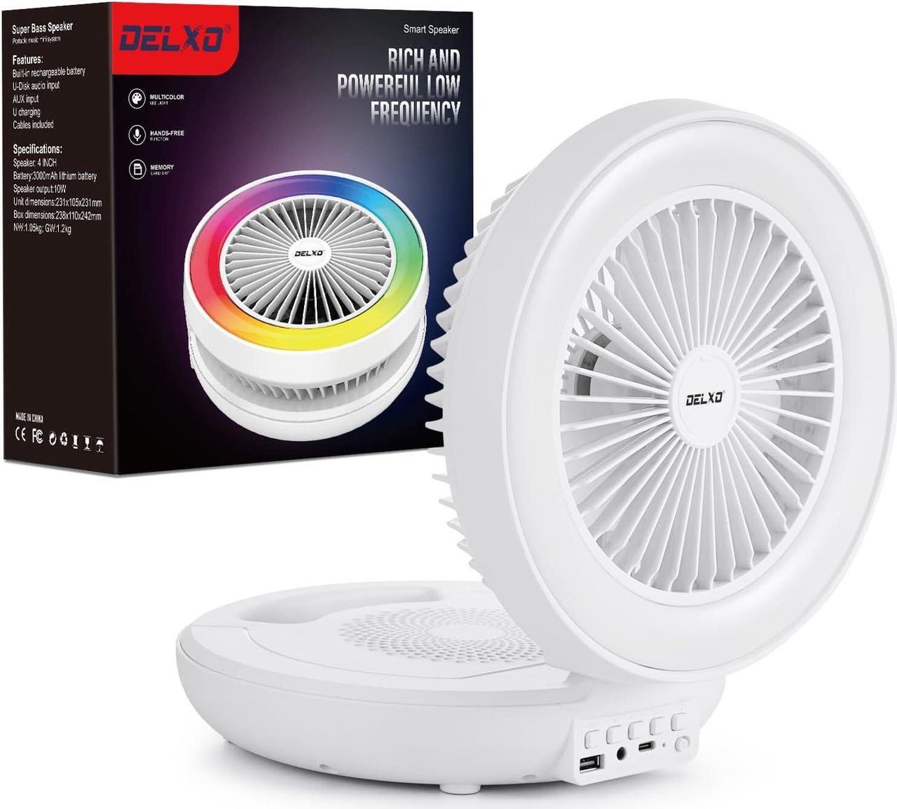 Main image of Delxo Portable Fan Bluetooth Speakers Rechargeable,Wireless Bluetooth Speaker with LED Night Light for Bedroom,Large Battery Power Radio Speaker with USB-C Charging White