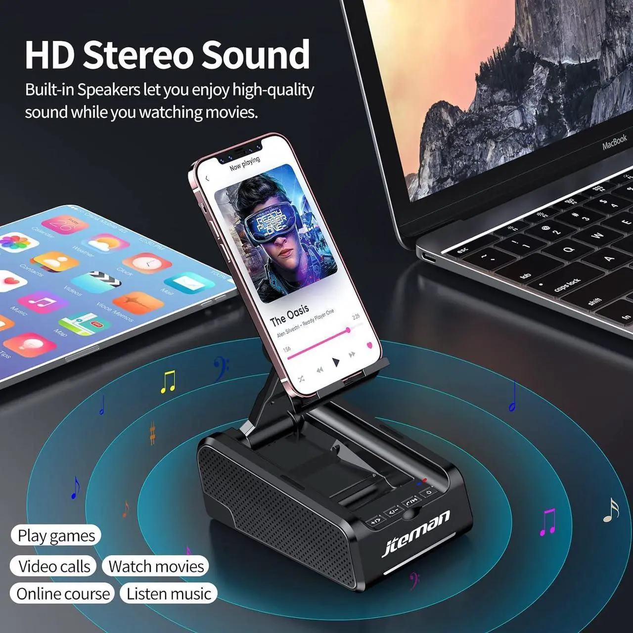 Alt view image 4 of 6 - JTEMAN Phone Stand Wireless Bluetooth Speaker,Desktop Kitchen Gadgets Phone Stand,Portable Phone Stand with Speaker,Gifts for Women and Men