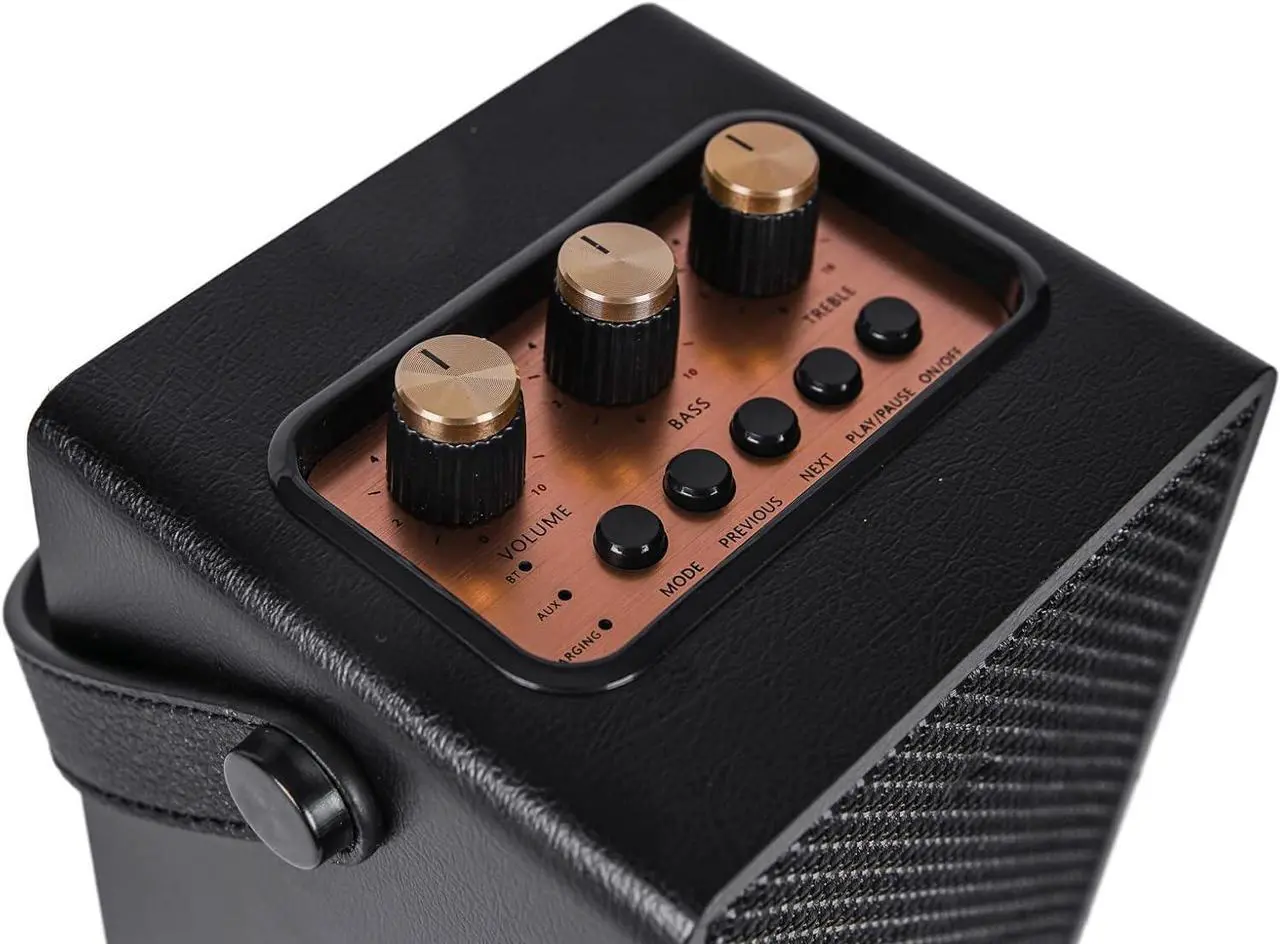 Alt view image 7 of 7 - Fuse Andle Vintage Retro Bluetooth Speaker with Vegan Leather Handle | Portable Speaker with Smartphone Connection | USB & AUX Input | Stylish Black Wood Exterior