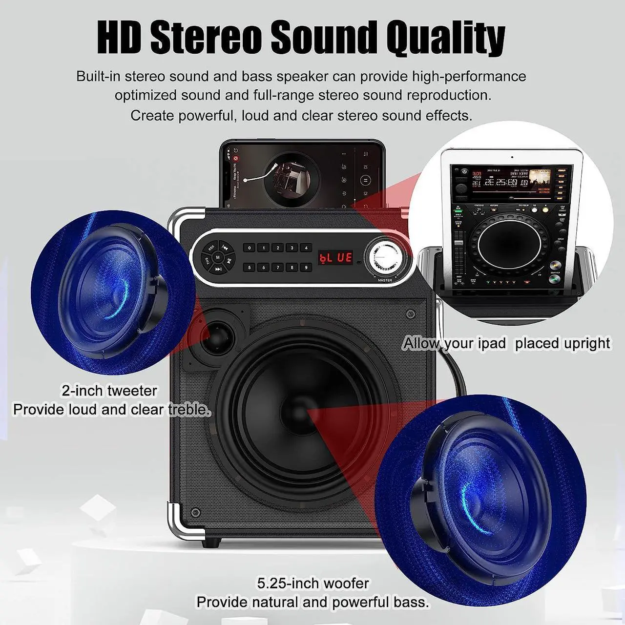 Alt view image 2 of 7 - Bluetooth Speaker with Two Wireless Microphones, Outdoor Speaker with Subwoofer/Tweeter, Portable PA Speaker System with Remote Control, Discol Lights, FM, REC for Home, Party