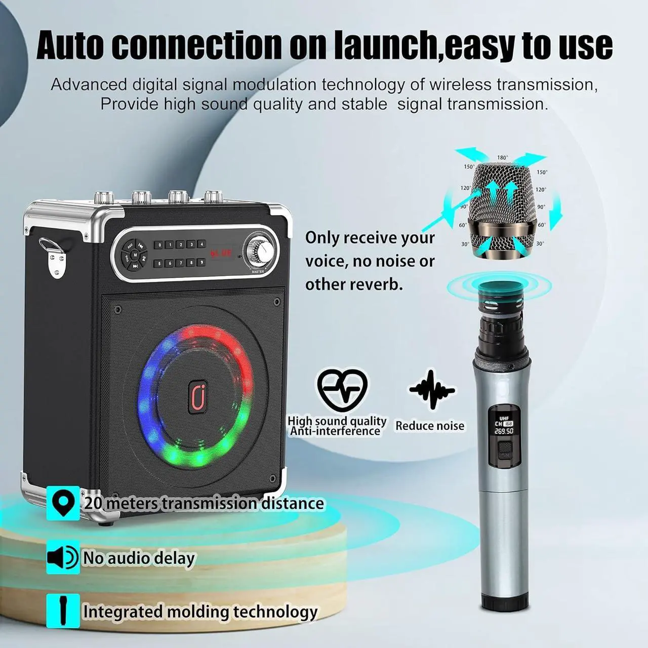 Alt view image 3 of 7 - Bluetooth Speaker with Two Wireless Microphones, Outdoor Speaker with Subwoofer/Tweeter, Portable PA Speaker System with Remote Control, Discol Lights, FM, REC for Home, Party