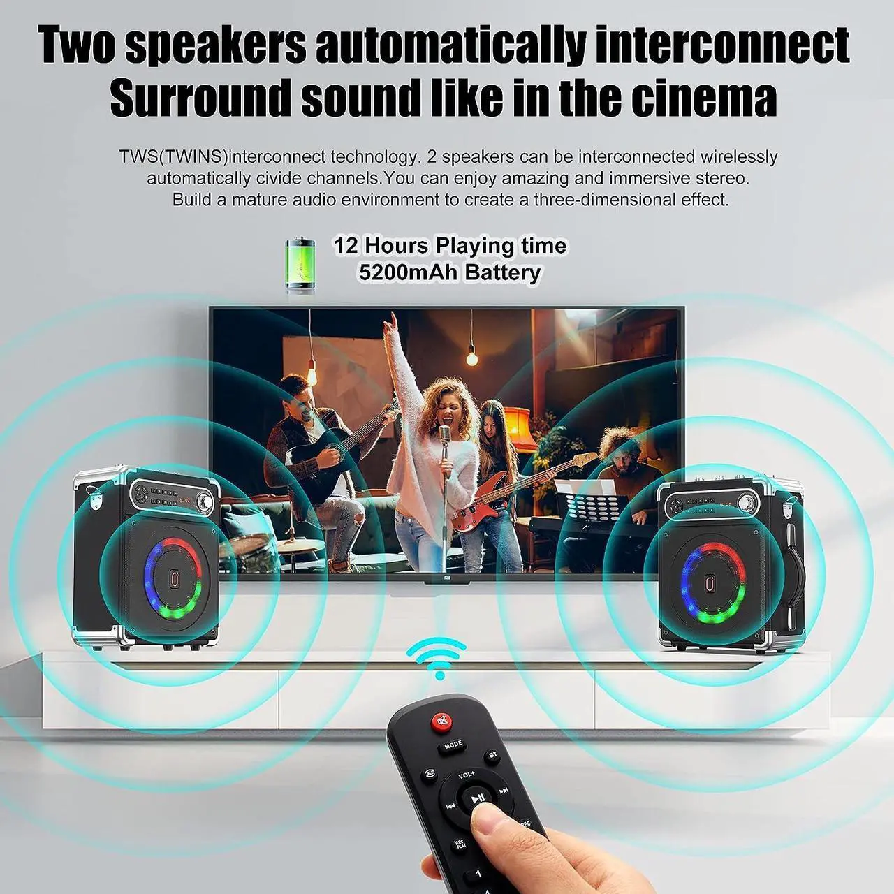 Alt view image 4 of 7 - Bluetooth Speaker with Two Wireless Microphones, Outdoor Speaker with Subwoofer/Tweeter, Portable PA Speaker System with Remote Control, Discol Lights, FM, REC for Home, Party