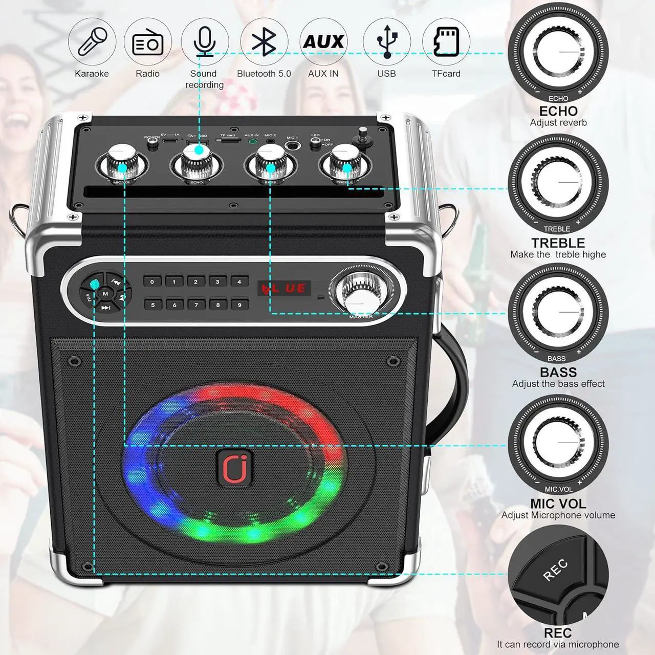 Alt view image 5 of 7 - Bluetooth Speaker with Two Wireless Microphones, Outdoor Speaker with Subwoofer/Tweeter, Portable PA Speaker System with Remote Control, Discol Lights, FM, REC for Home, Party