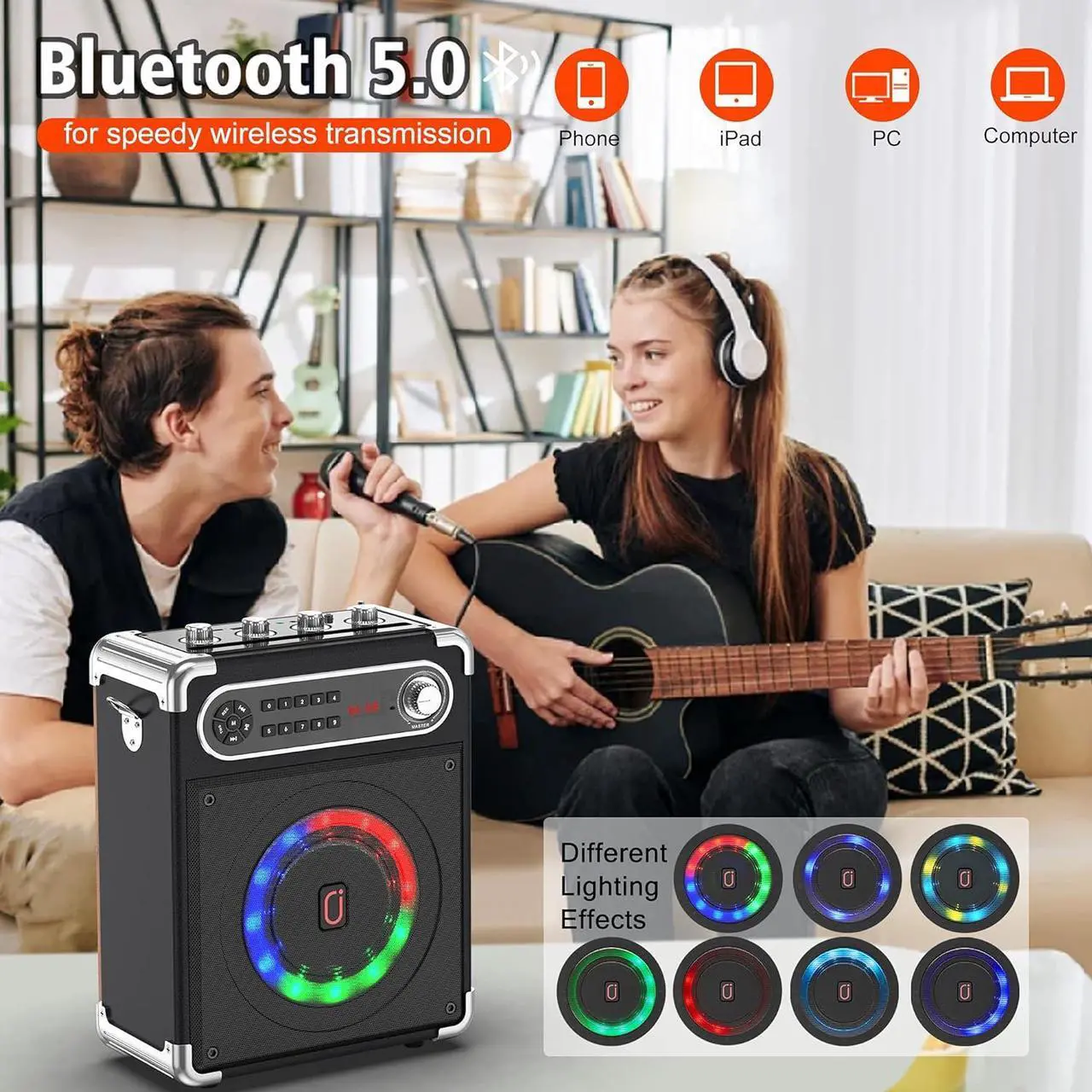 Alt view image 6 of 7 - Bluetooth Speaker with Two Wireless Microphones, Outdoor Speaker with Subwoofer/Tweeter, Portable PA Speaker System with Remote Control, Discol Lights, FM, REC for Home, Party