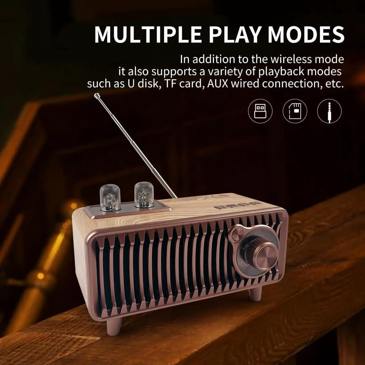 Alt view image 6 of 7 - Retro Bluetooth Speaker, Vintage Radio Natural Wood Rotary FM Radio 20W Dual Speakers Stereo,with U Disk/TF Card/Aux Music Player Function,Portable Wireless Speakers for Home, Office Decor