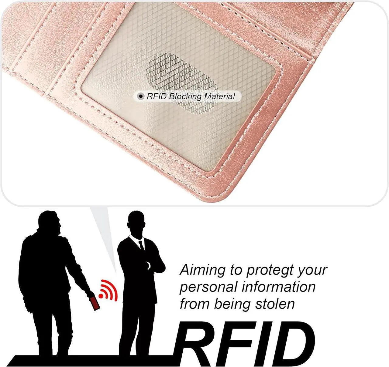 Alt view image 6 of 7 - for iPhone 16 Wallet Case Compatible with MagSafe Wireless Charging RFID Blocking Magnetic Leather Case with Card Slots Holder Kickstand Detachable Wrist Strap 6.1 Inch (Rose Gold)