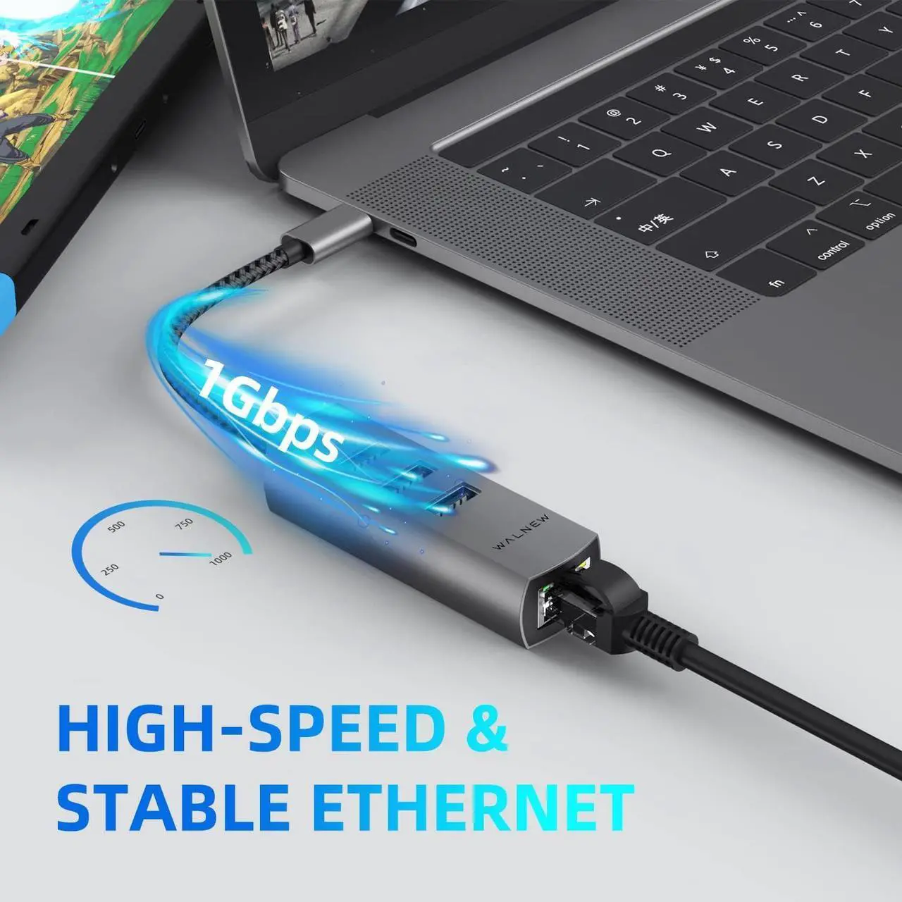 Alt view image 3 of 6 - USB C to Ethernet Adapter, WALNEW 4-in-1 USB-C to USB 3.0 Hub with Gigabit Ethernet Adapter,Thunderbolt 3 to Gigabit Ethernet LAN Network Adapter for MacBook Pro/Air, iPad Pro, Dell XPS and More