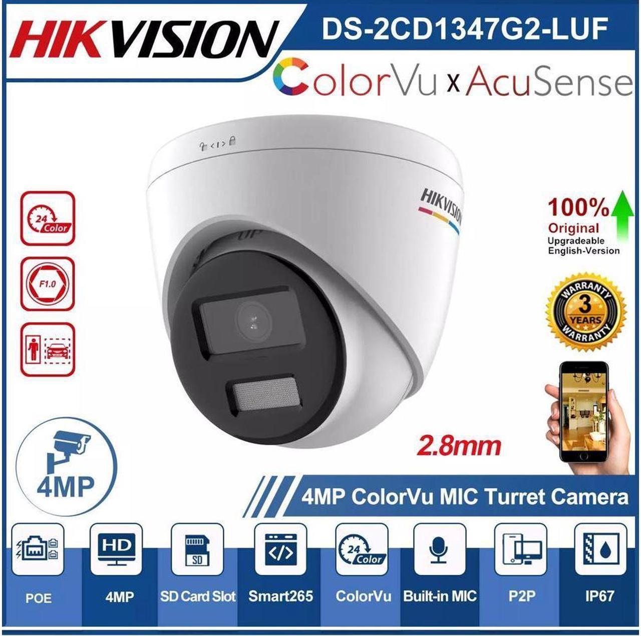 MECARE 4MP ColorVu IP Camera MIC Turret 2.8mm Acusense POE DS-2CD1347G2-LUF