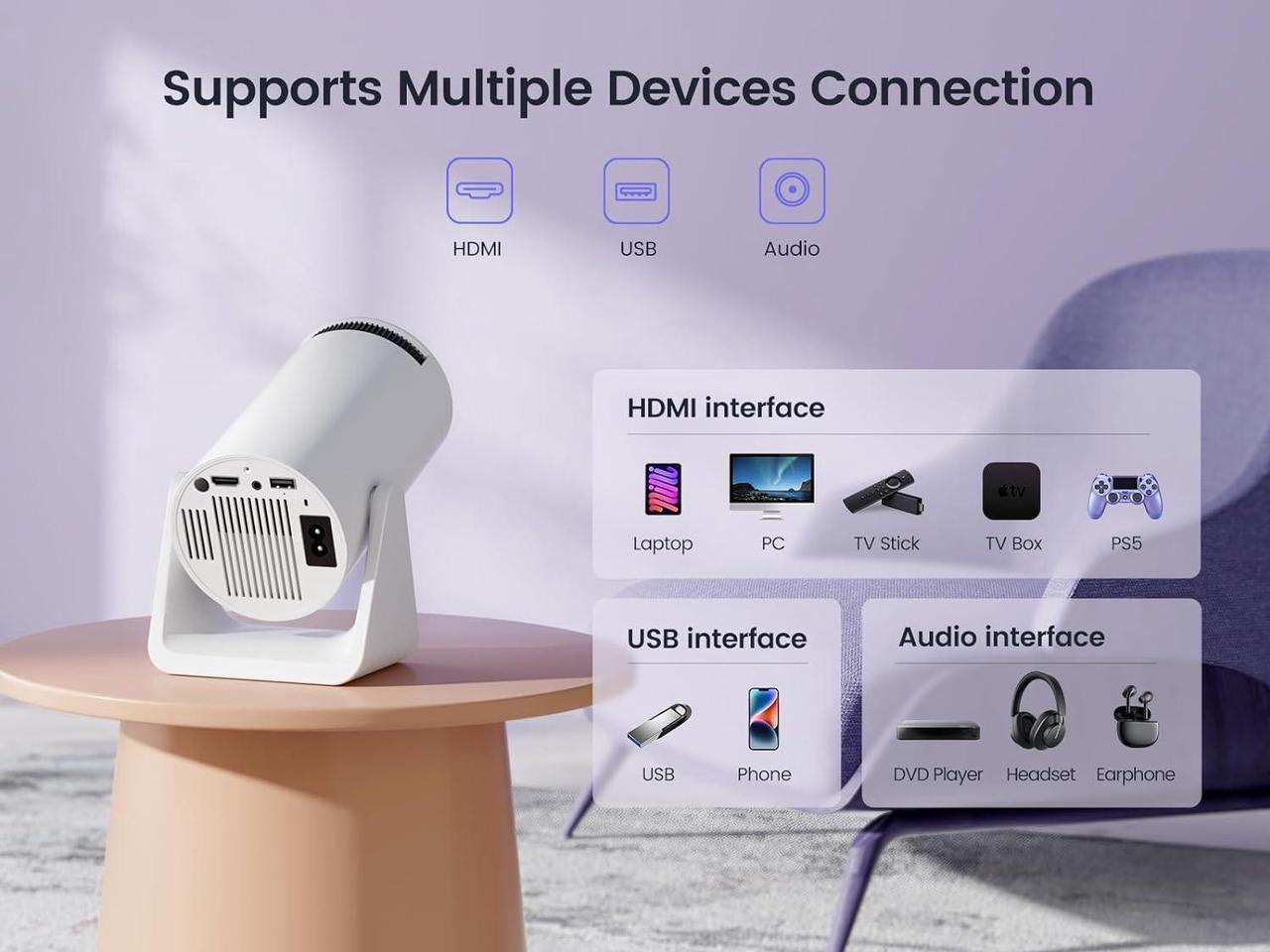 Alt view image 6 of 7 - [Short Throw/Adjustable Stand]Mini projector with WiFi and Bluetooth, 2025 Upgrade Outdoor Portable Movie Projector 1080P, Auto Keystone, Home Projector for Phone/TV Stick/Laptop, WiMiUS S27 (White)