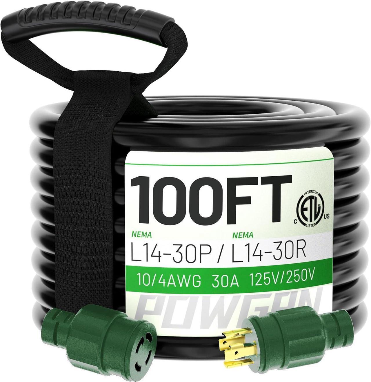 Main image of 100Feet 30 Amp Generator Extension Cord 4 Prong,Heavy Duty NEMA L14-30P/L14-30R,125/250V 7500W,Black 10 Gauge SJTW Twist Locking Generator to House Power Cords,100ft Generator Accessories