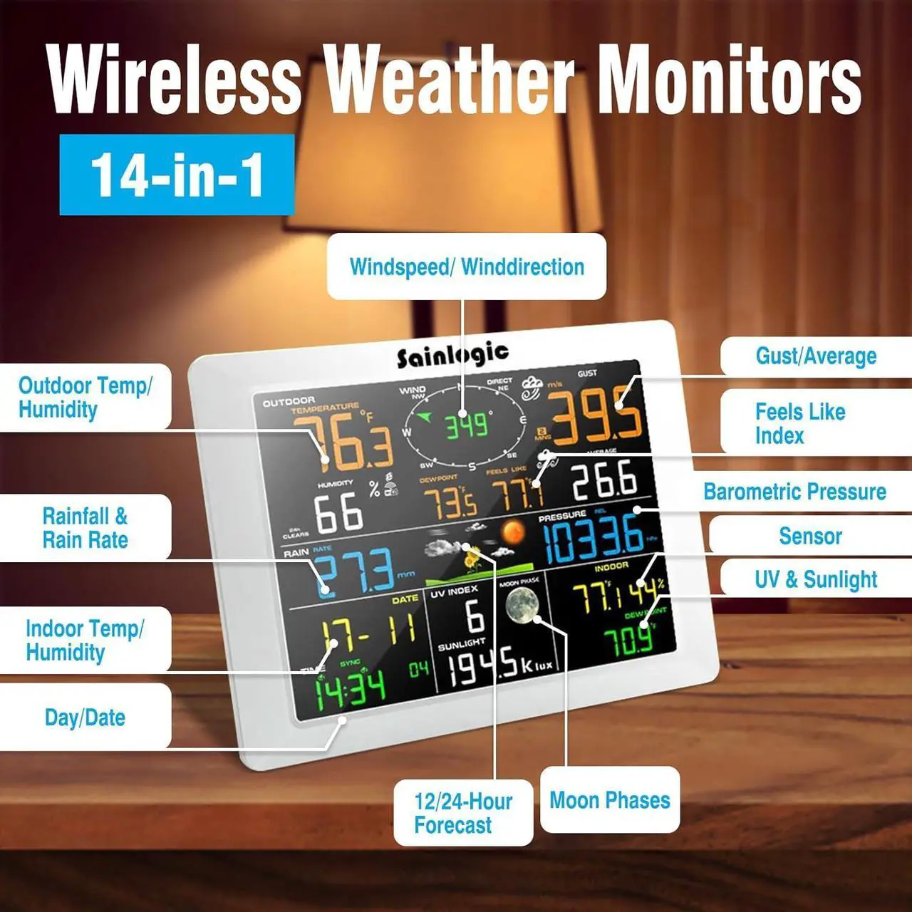 Alt view image 4 of 7 - WiFi Weather Station with 8.3 inch Large Display Wireless Weather Station, Indoor Outdoor Remote Monitoring System, Rain Gauge and Temperature Wind Gauge, Wunderground(White)
