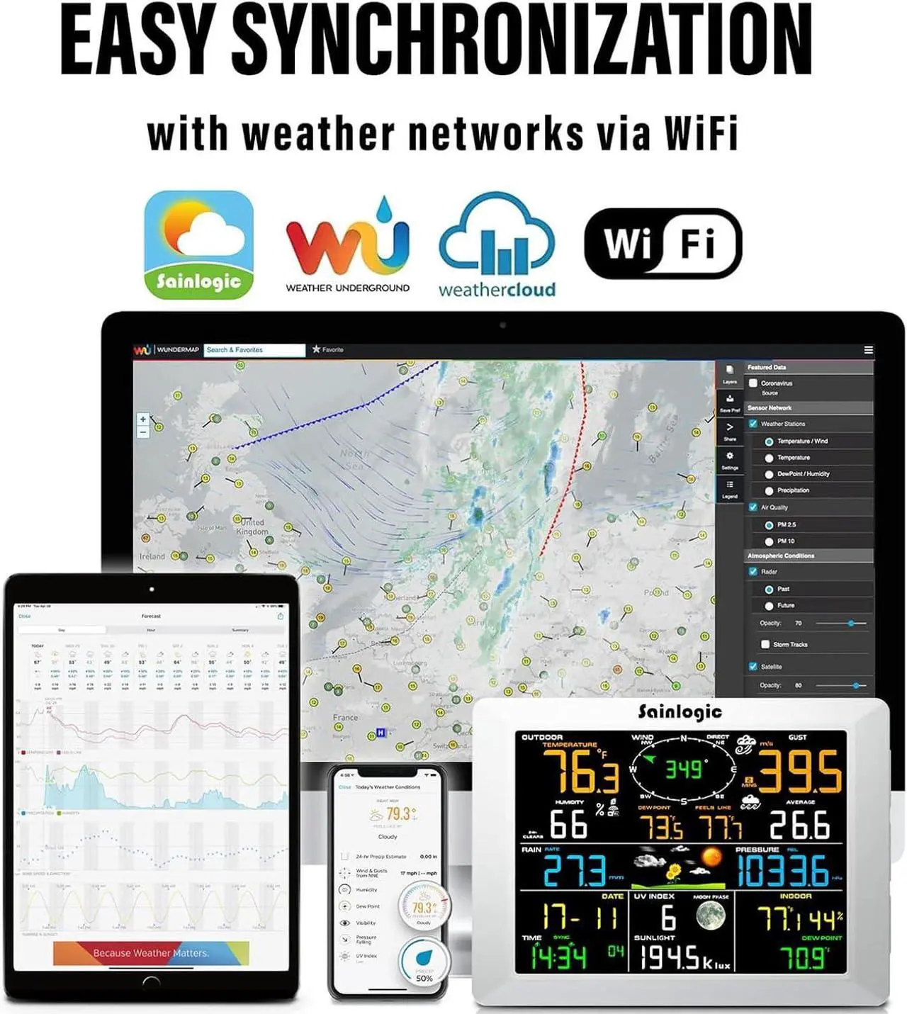 Alt view image 5 of 7 - WiFi Weather Station with 8.3 inch Large Display Wireless Weather Station, Indoor Outdoor Remote Monitoring System, Rain Gauge and Temperature Wind Gauge, Wunderground(White)
