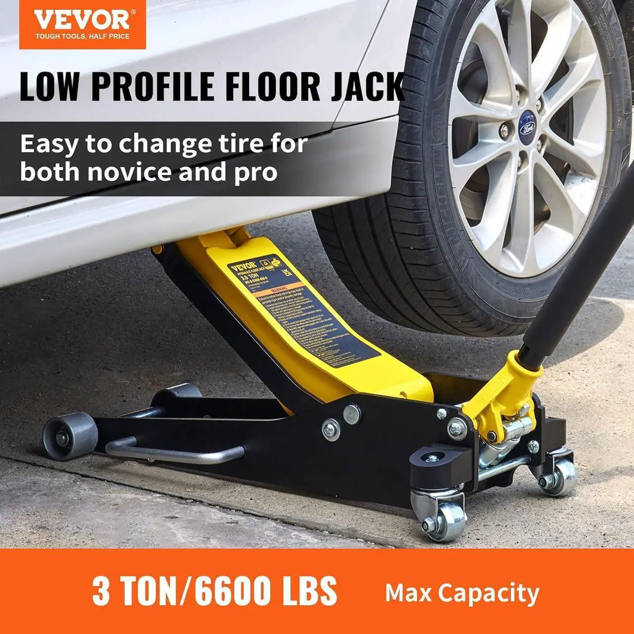 Alt view image 2 of 7 - 3 Ton Low Profile , Aluminum and Steel Racing Floor Jack with Dual Pistons Quick Lift Pump for Sport Utility Vehicle, Lifting Range 3-6/11"-19-11/16", yellow,black