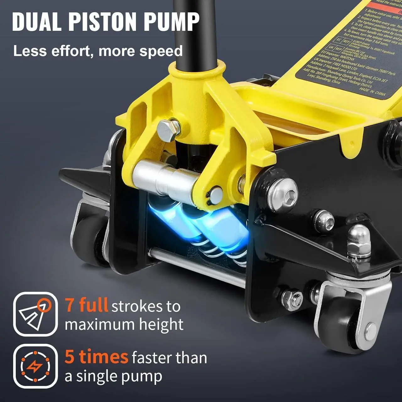 Alt view image 5 of 7 - 3 Ton Low Profile , Aluminum and Steel Racing Floor Jack with Dual Pistons Quick Lift Pump for Sport Utility Vehicle, Lifting Range 3-6/11"-19-11/16", yellow,black