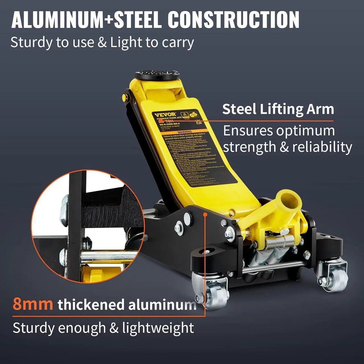 Alt view image 4 of 7 - 3 Ton Low Profile , Aluminum and Steel Racing Floor Jack with Dual Pistons Quick Lift Pump for Sport Utility Vehicle, Lifting Range 3-6/11"-19-11/16", yellow,black