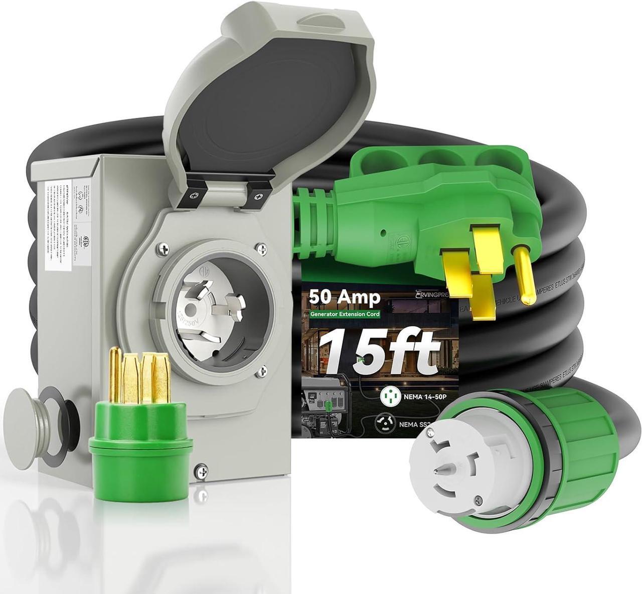 Main image of 50 Amp Generator Cord 15FT and Power Inlet Box, Pre-Drilled 50 Amp Generator Inlet Box with Cord, NEMA 14-50P to SS2-50R Generator Cord Waterproof Combo Kit, ETL Listed
