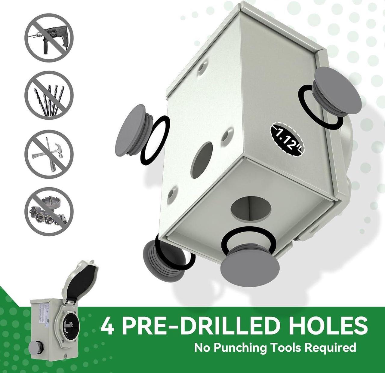 Alt view image 3 of 7 - 50 Amp Generator Cord 15FT and Power Inlet Box, Pre-Drilled 50 Amp Generator Inlet Box with Cord, NEMA 14-50P to SS2-50R Generator Cord Waterproof Combo Kit, ETL Listed