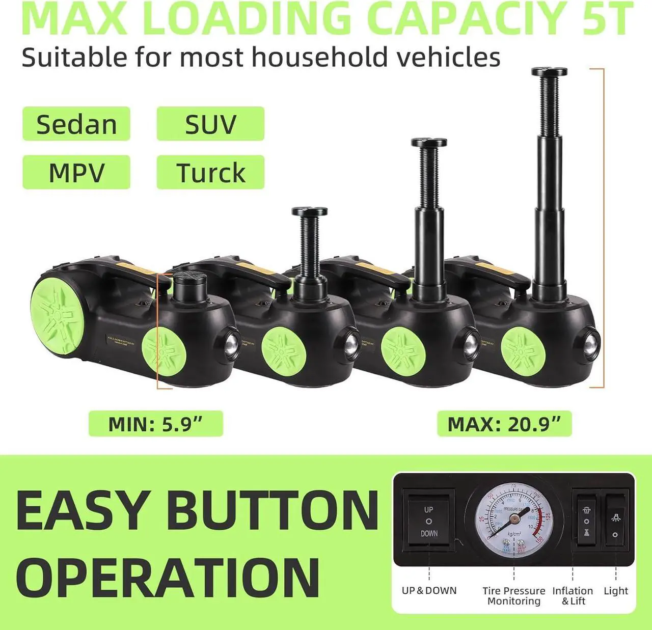 Alt view image 2 of 7 - Upgraded Electric Car Jack Kit 5 Ton Floor Jack Hydraulic with Tire Inflator Lifting Range: 5.9-20.90 inch,Car Lift for Vehicle Roadside Emergency Tire Repair Kit (Jack Only, Green)