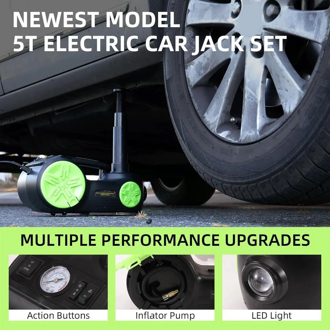 Alt view image 4 of 7 - Upgraded Electric Car Jack Kit 5 Ton Floor Jack Hydraulic with Tire Inflator Lifting Range: 5.9-20.90 inch,Car Lift for Vehicle Roadside Emergency Tire Repair Kit (Jack Only, Green)