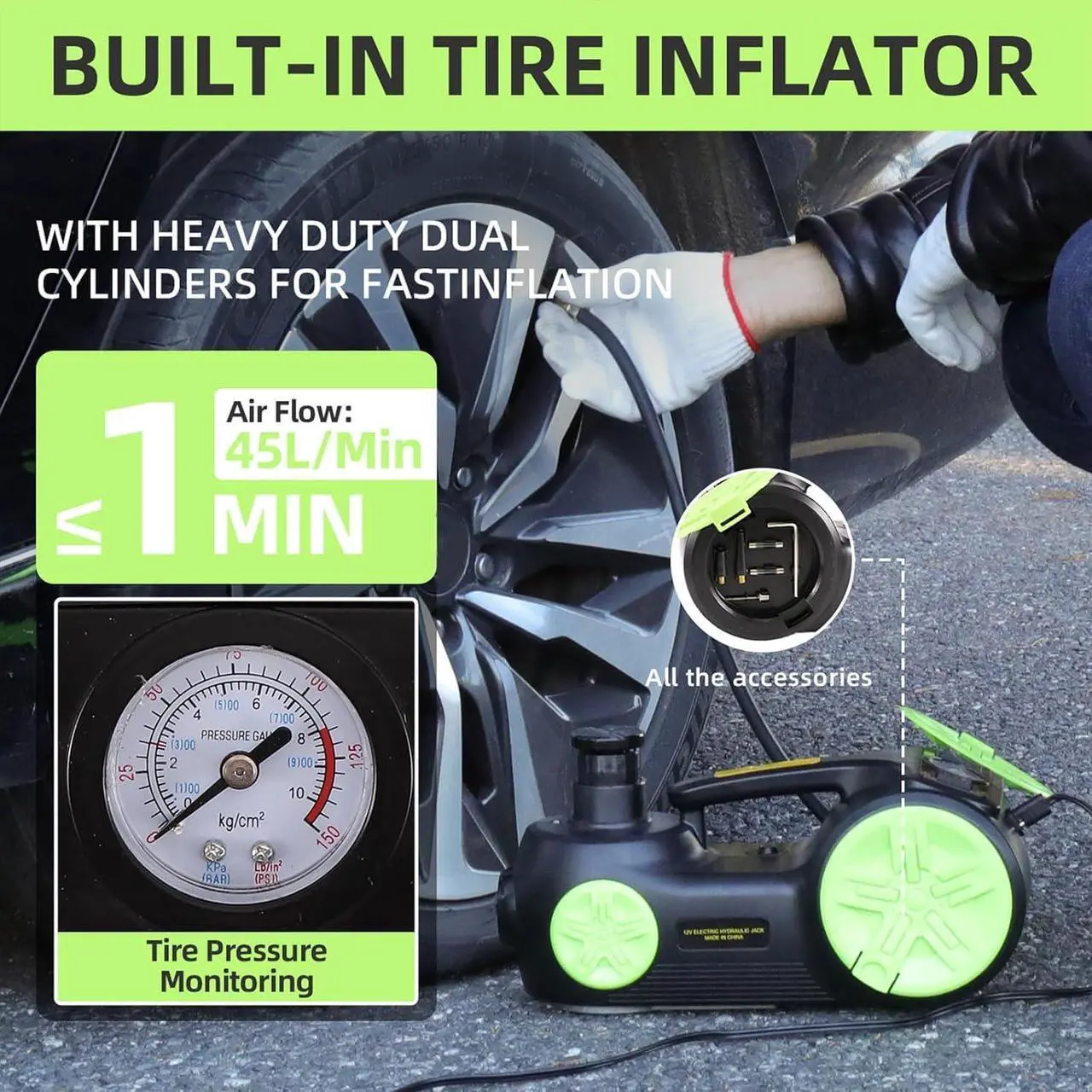 Alt view image 6 of 7 - Upgraded Electric Car Jack Kit 5 Ton Floor Jack Hydraulic with Tire Inflator Lifting Range: 5.9-20.90 inch,Car Lift for Vehicle Roadside Emergency Tire Repair Kit (Jack Only, Green)