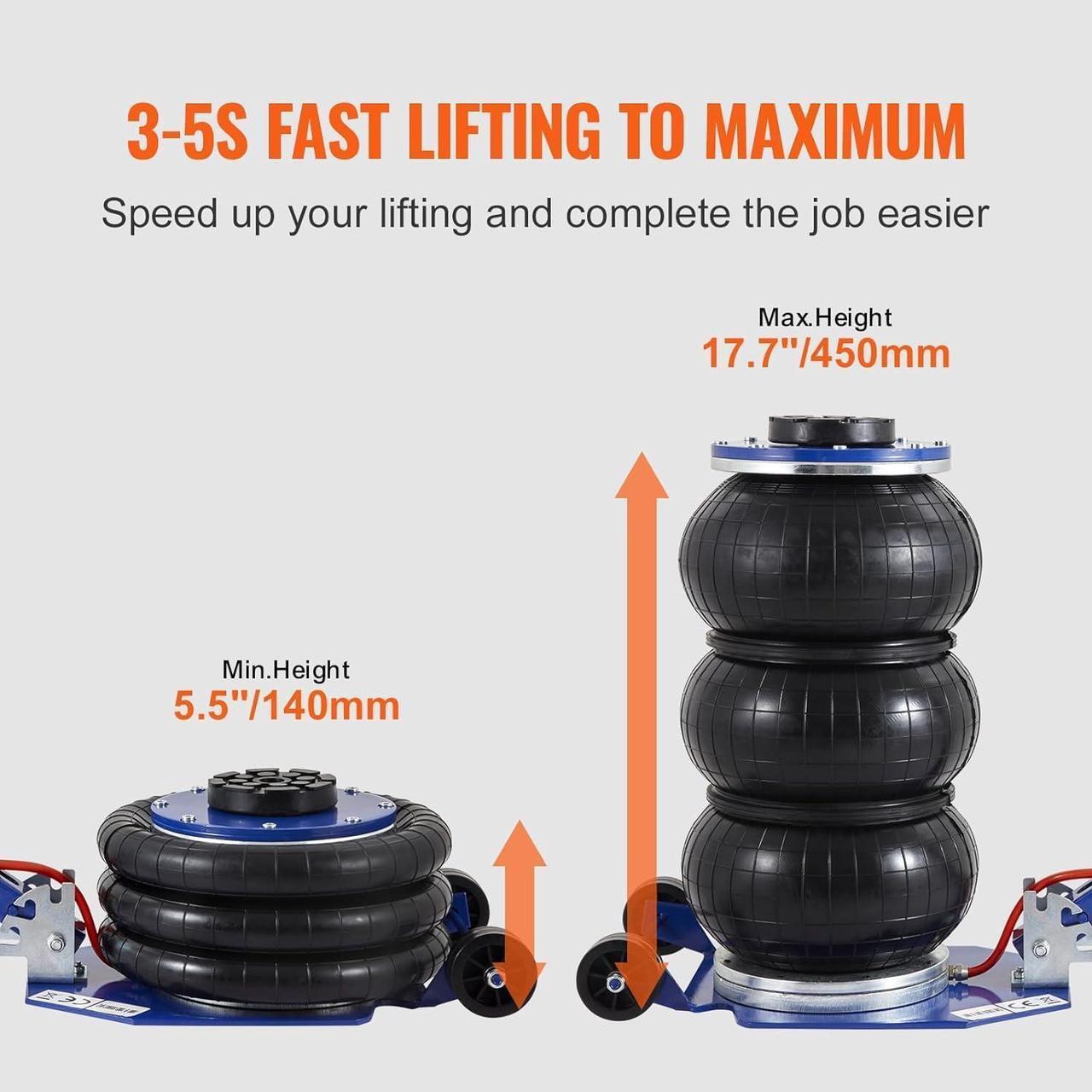 Alt view image 3 of 7 - Air Jack, 3 Ton/6600 lbs Triple Bag Air Jack, Airbag Jack with Six Steel Pipes, Lift up to 17.7", 3-5 s Fast Lifting Pneumatic Jack, with Adjustable Long Handles for Cars